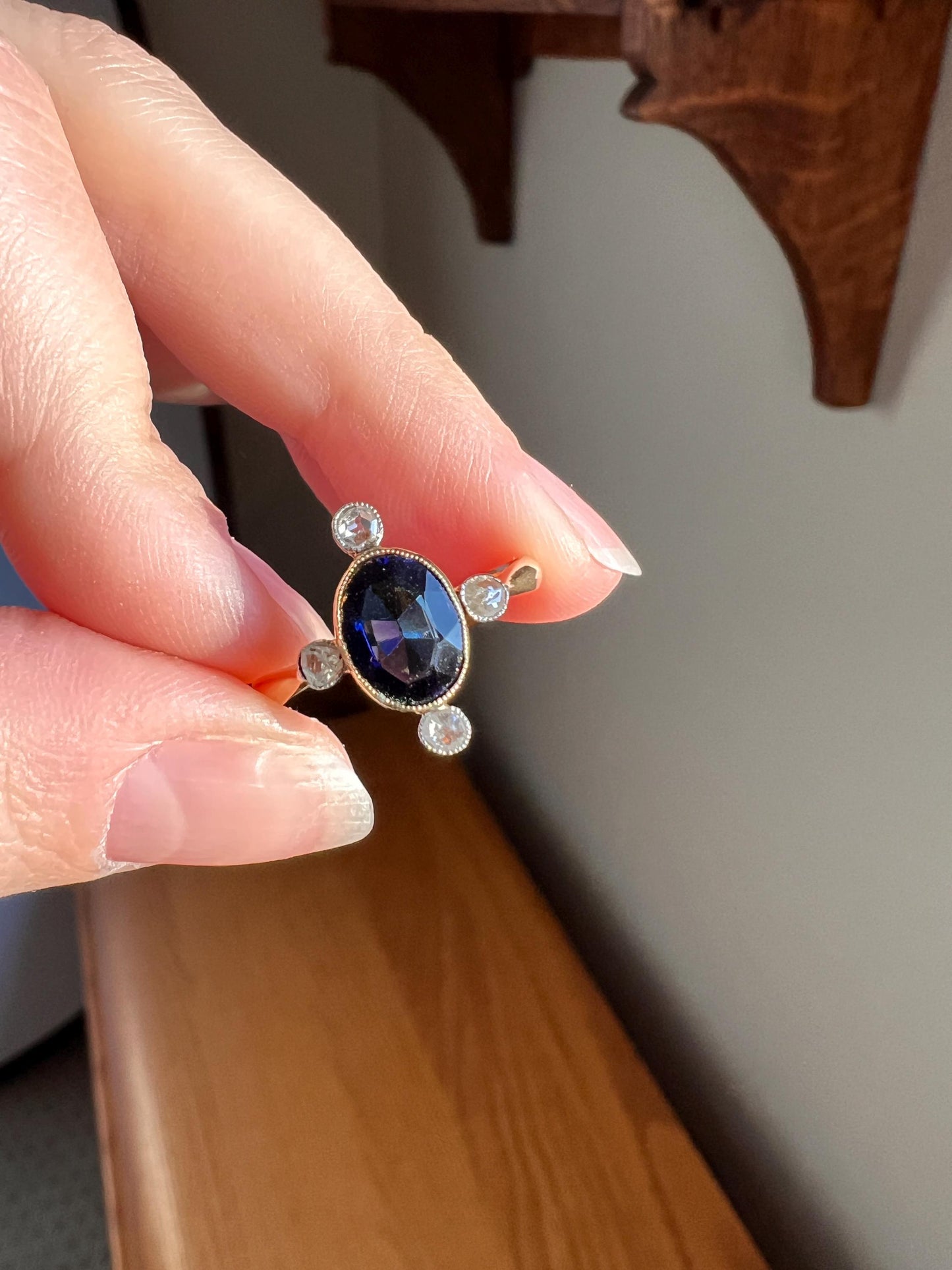 Cruciform Blue Paste Sapphire Rose Cut DIAMOND Antique Victorian Ring French 18k Gold Solid Stacker Romantic Gift Oval Five Stone Sparkle