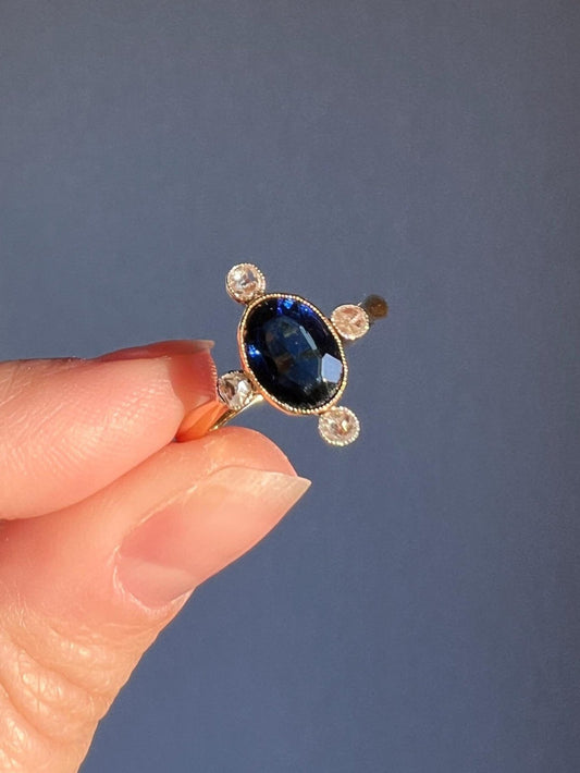 Cruciform Blue Paste Sapphire Rose Cut DIAMOND Antique Victorian Ring French 18k Gold Solid Stacker Romantic Gift Oval Five Stone Sparkle