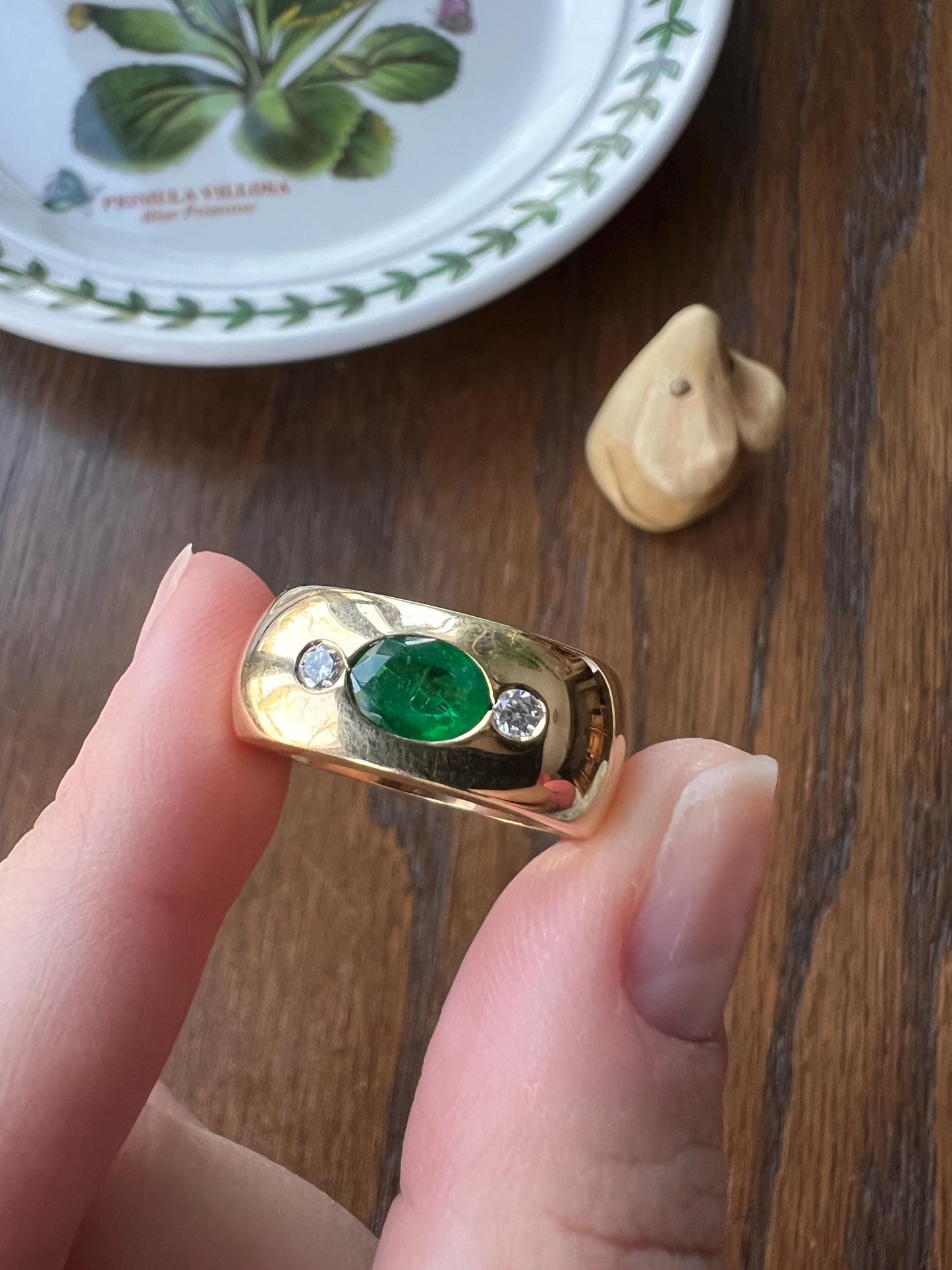 HEAVY Green EMERALD Diamond Vintage Three Stone Gypsy Ring French 18k Gold Chunky Wide Square Band Natural Geometric Stacker Unisex Geometry