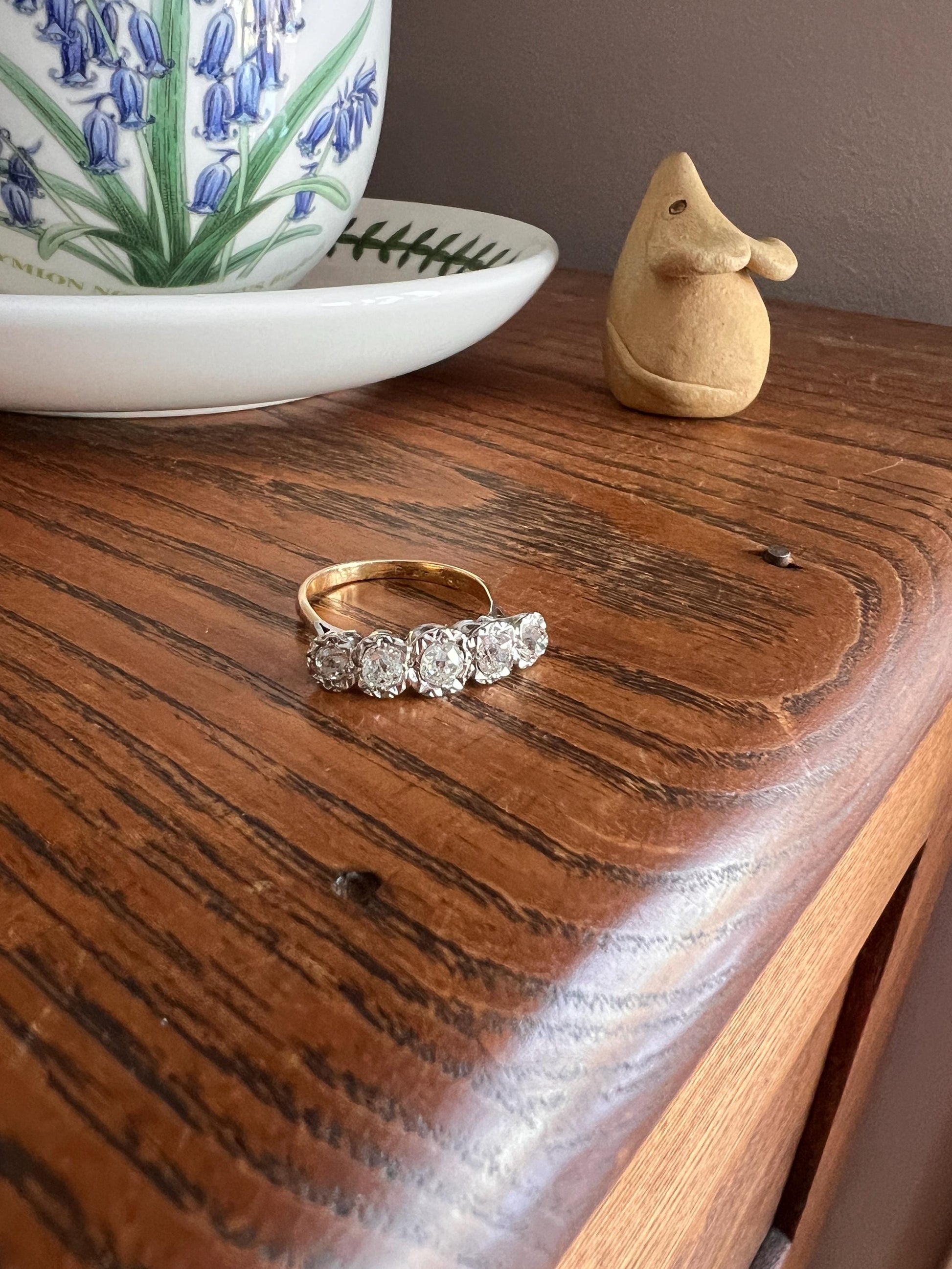 Antique 1.2 Carat Old Mine Cut DIAMOND 18k Gold Platinum Five Stone Ring Tall Band Romantic Gift Splayed Stacker Blush Sunburst Illusion