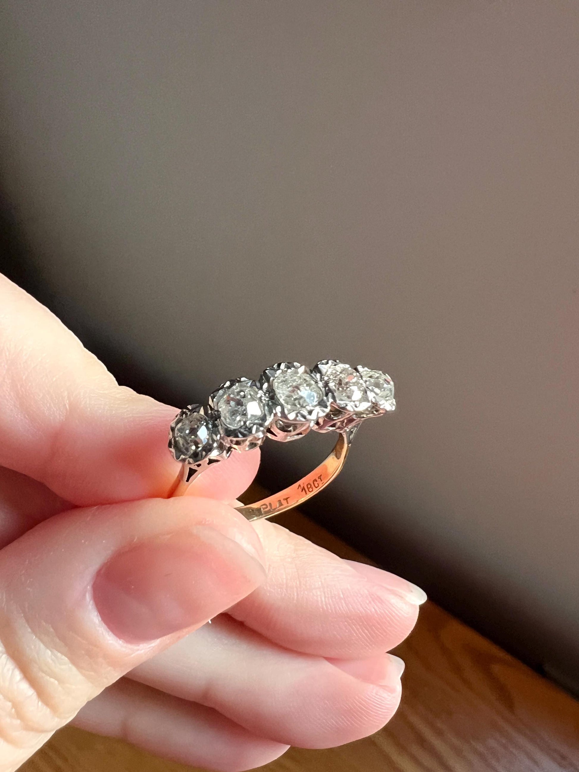 Antique 1.2 Carat Old Mine Cut DIAMOND 18k Gold Platinum Five Stone Ring Tall Band Romantic Gift Splayed Stacker Blush Sunburst Illusion