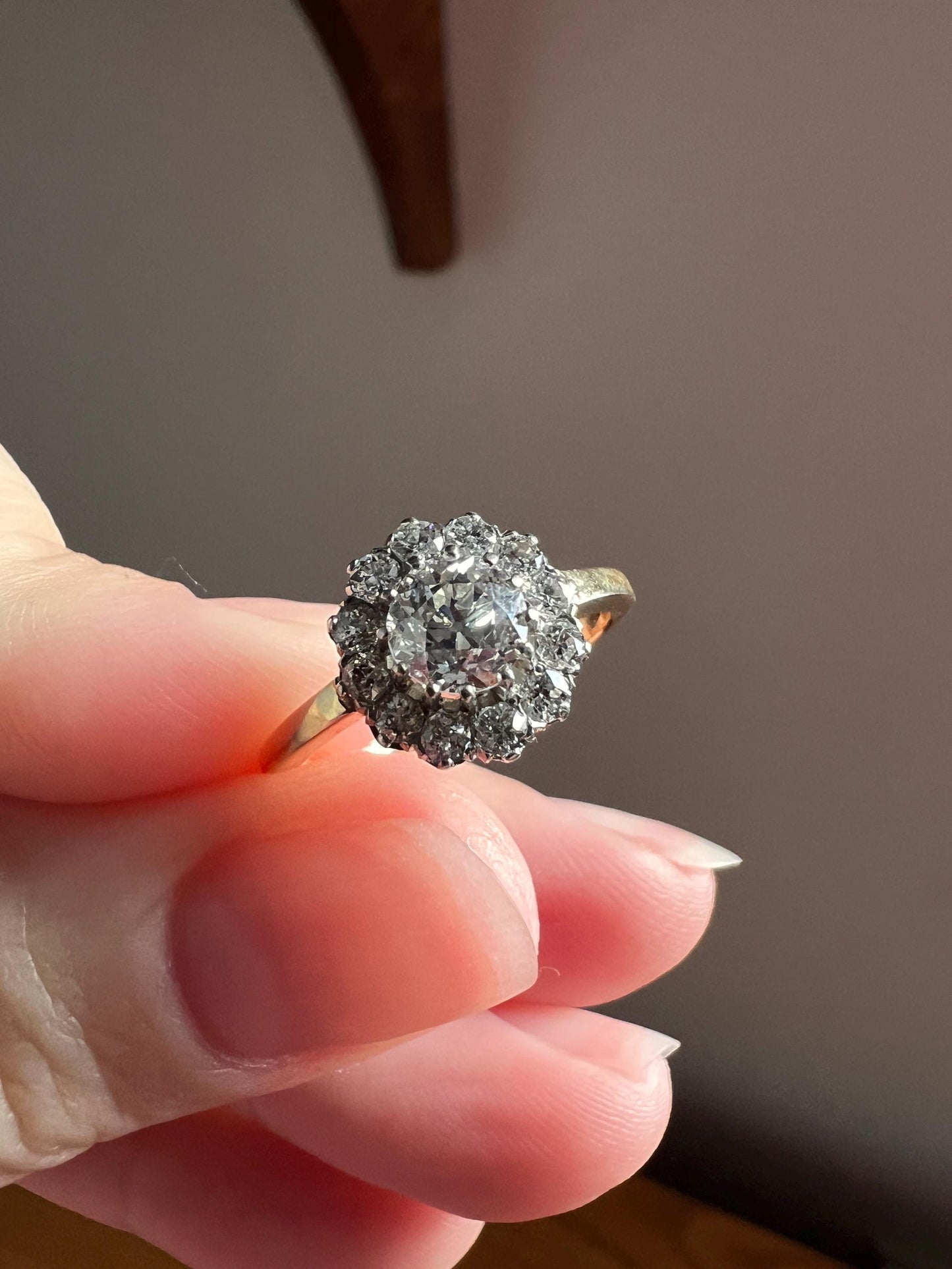 Antique Daisy CLUSTER Ring 1.1 CARAT Old European Cut DIAMOND Halo 14k Gold Eye Clean Stacker Victorian Edwardian Love Gift OeC 1Ctw Fiery