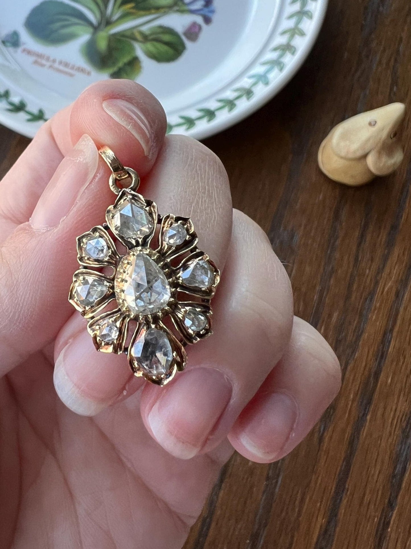 Large Antique FLORAL 2.4 Carats Rose Cut DIAMOND Cluster PENDANT French 18k Gold Victorian Gift Domed Pear Belle Epoque Bridal Something Old