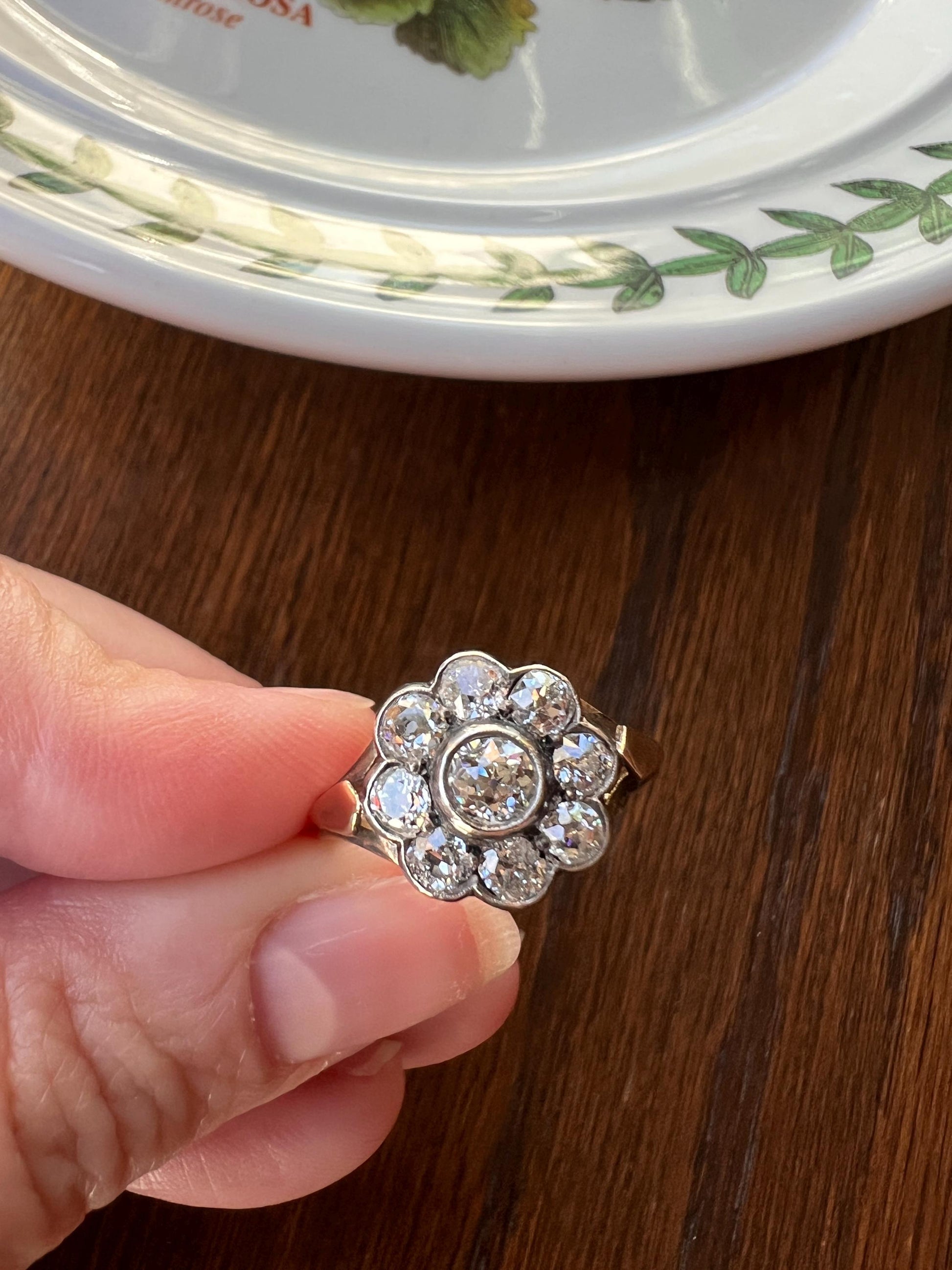 Antique Bezel Set Daisy CLUSTER Ring 1.2 CARAT Old Mine Cut DIAMOND Halo 14k Gold Stacker Victorian Edwardian Romantic Gift 1.2Ctw OmC Round