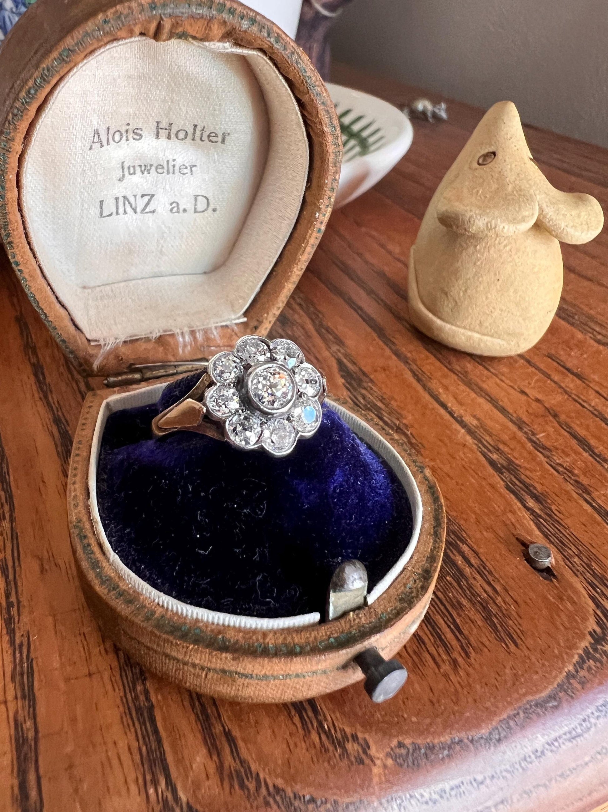 Antique Bezel Set Daisy CLUSTER Ring 1.2 CARAT Old Mine Cut DIAMOND Halo 14k Gold Stacker Victorian Edwardian Romantic Gift 1.2Ctw OmC Round