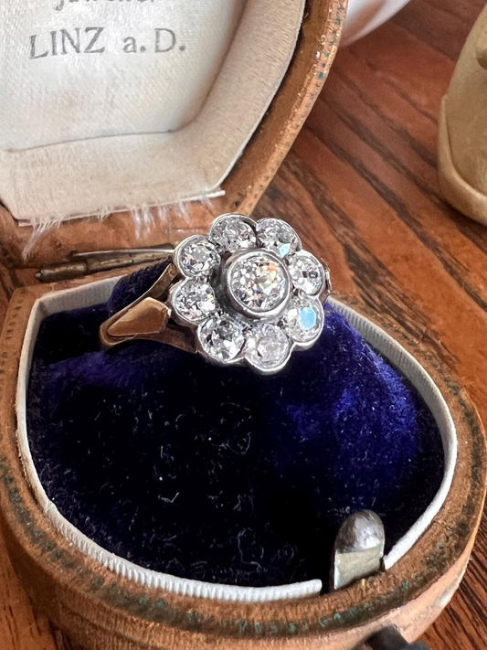 Antique Bezel Set Daisy CLUSTER Ring 1.2 CARAT Old Mine Cut DIAMOND Halo 14k Gold Stacker Victorian