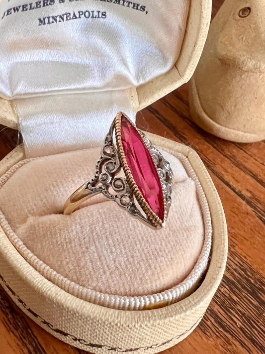 Belle Epoque Pink RUBY Old Mine Rose Cut DIAMOND Ornate Ring French Antique 18k Gold Skinny Marquise