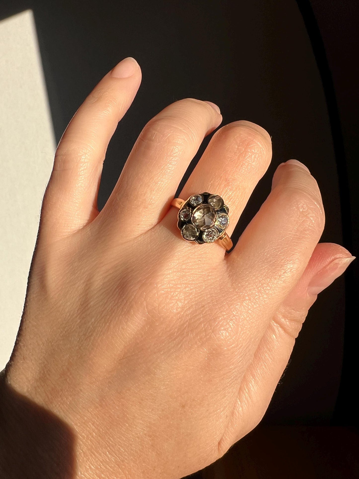 GEORGIAN Era 1.5 Carat Mixed Rose & Old Mine Cut DIAMOND Cluster Ring French Antique 18k Gold Black Enamel Dutch Point Cut Domed Love Gift