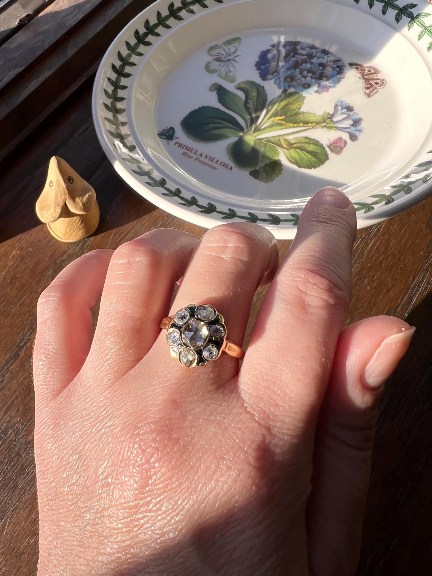 GEORGIAN Era 1.5 Carat Mixed Rose & Old Mine Cut DIAMOND Cluster Ring French Antique 18k Gold Black Enamel Dutch Point Cut Domed Love Gift