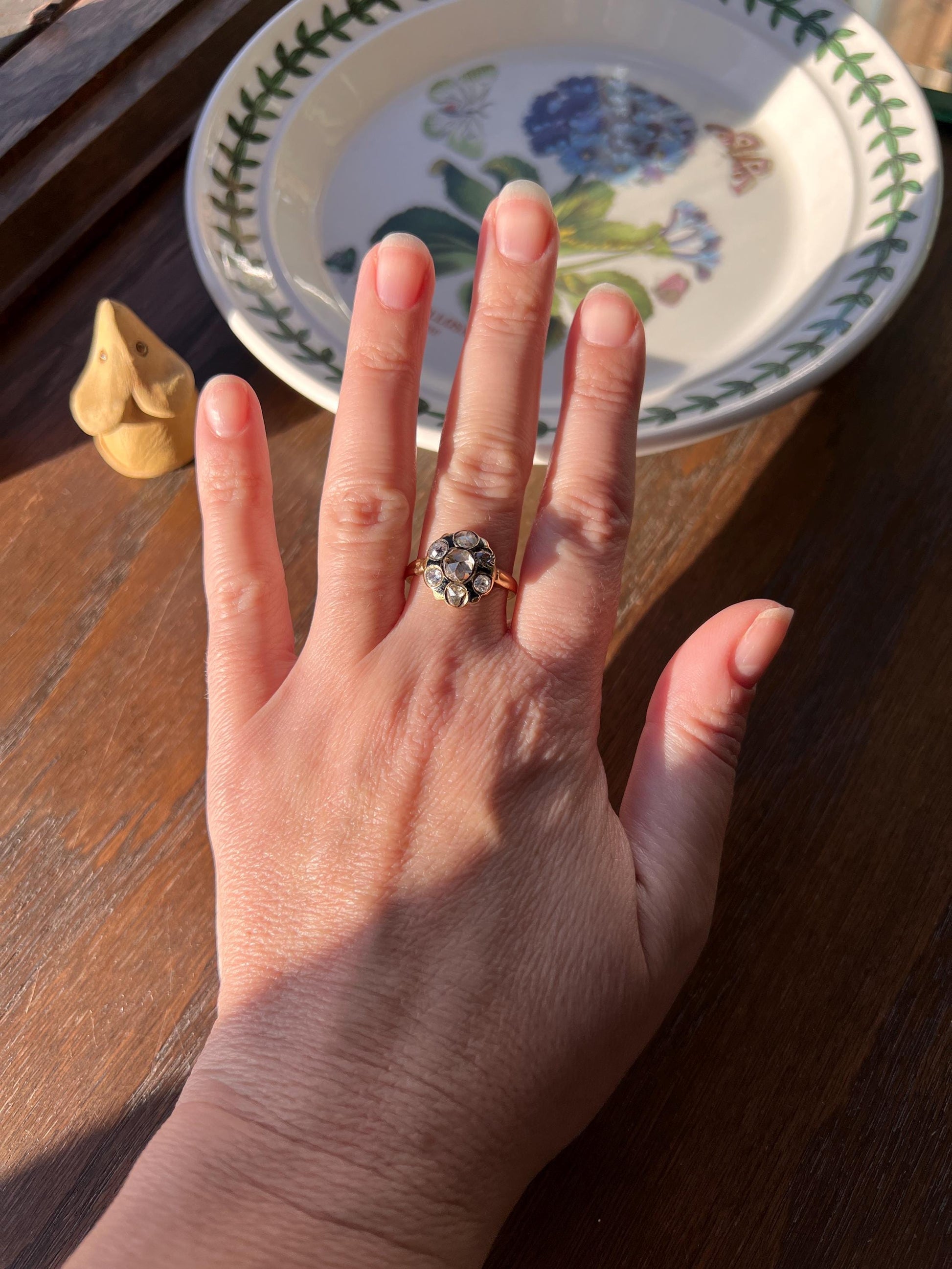 GEORGIAN Era 1.5 Carat Mixed Rose & Old Mine Cut DIAMOND Cluster Ring French Antique 18k Gold Black Enamel Dutch Point Cut Domed Love Gift