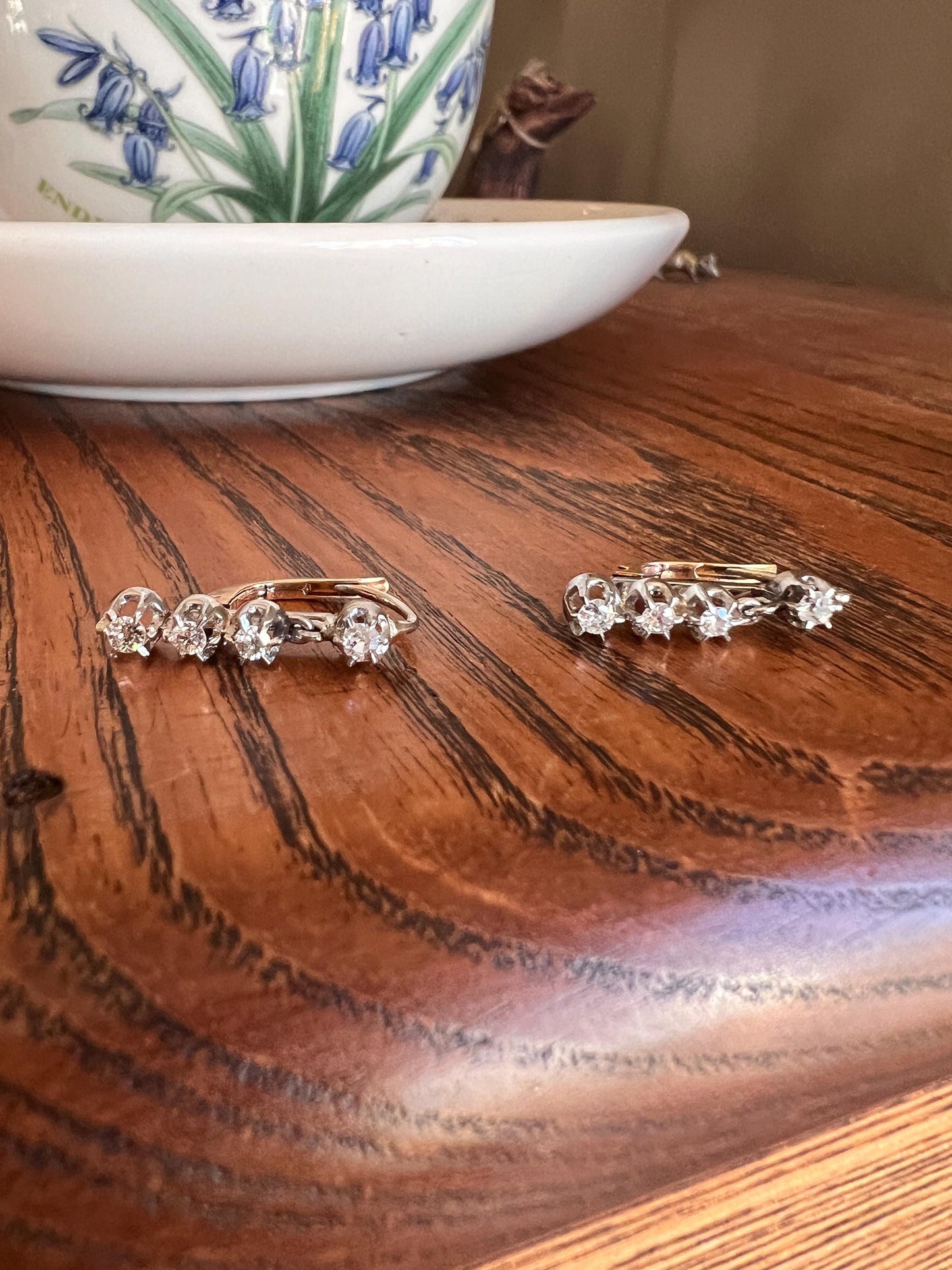 FRENCH Antique Linear Four Stone Art Deco 18k GOLD .4 Carat Old Mine Cut DIAMOND Dangle Dormeuse EARRINGs Gift Something Old Bridal OmC .4Ct