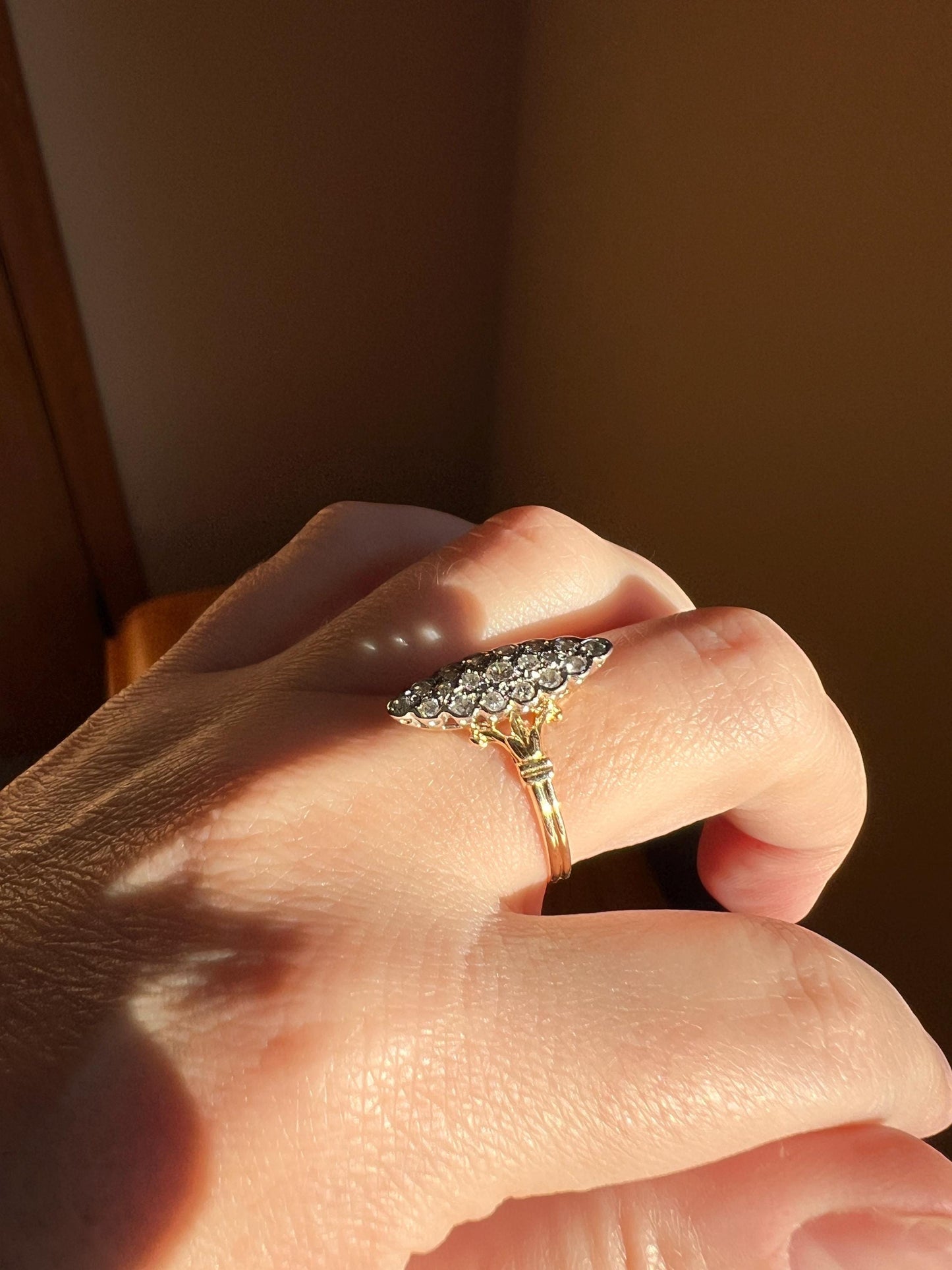 Tall Skinny NAVETTE French Vintage DIAMOND Ring Dainty Scalloped Stacker Cobblestone 18k Gold Romantic Gift Ornate Flared Shoulders