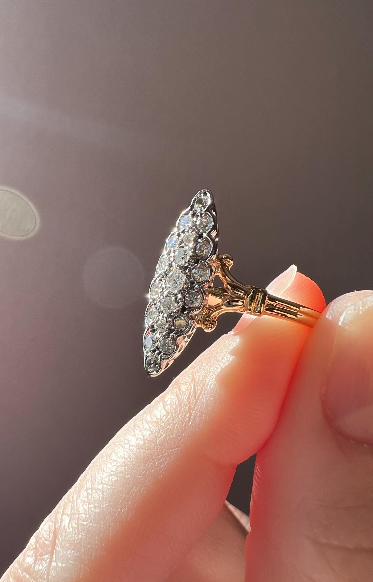 Tall Skinny NAVETTE French Vintage DIAMOND Ring Dainty Scalloped Stacker Cobblestone 18k Gold Romantic Gift Ornate Flared Shoulders