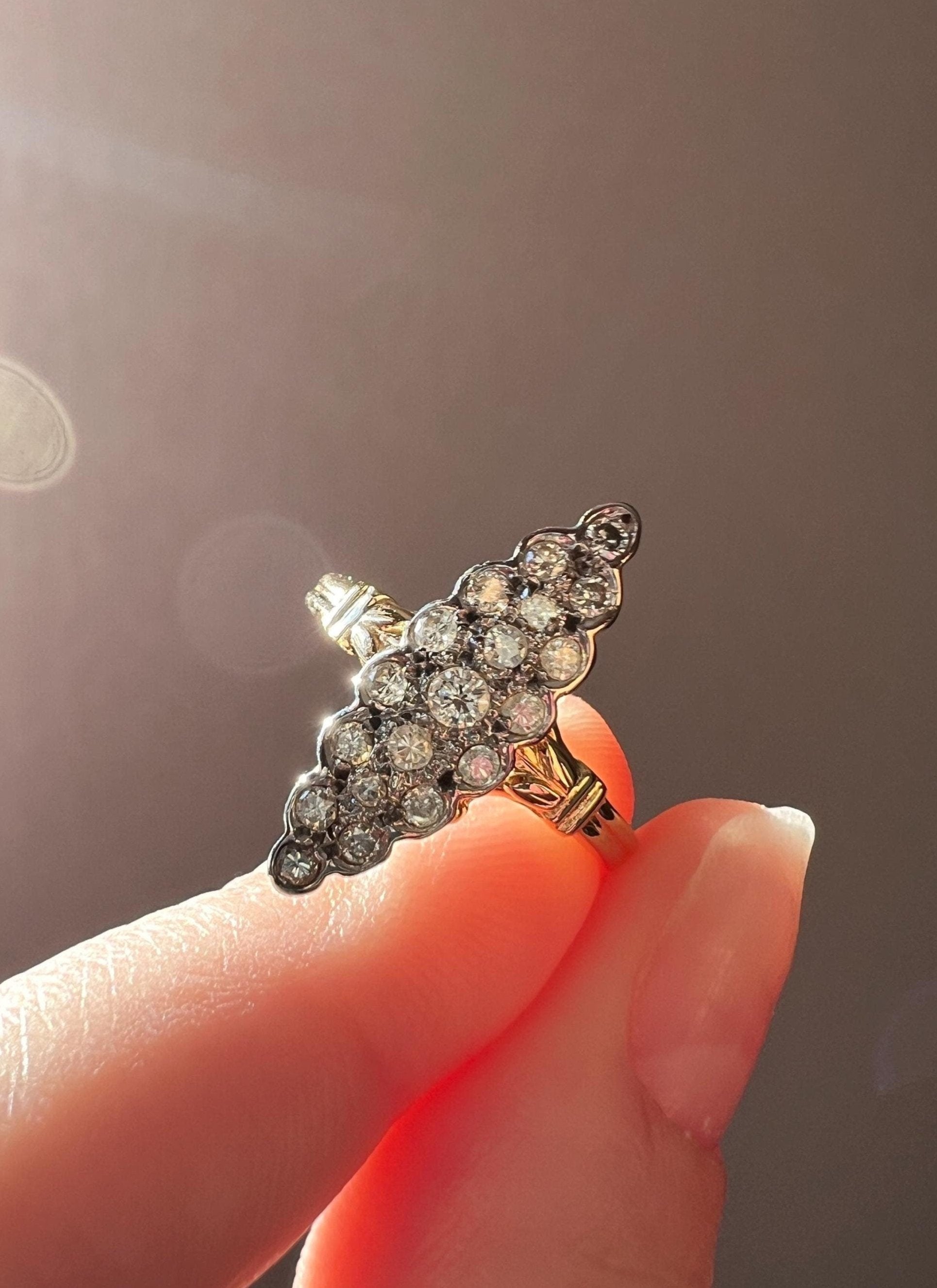 Tall Skinny NAVETTE French Vintage DIAMOND Ring Dainty Scalloped Stacker Cobblestone 18k Gold Romantic Gift Ornate Flared Shoulders