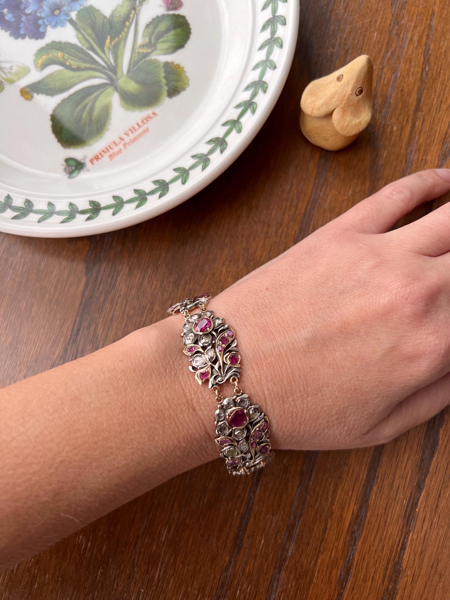 RARE Floral GIARDINETTI Antique Bracelet Flat Cut Ruby Pink Sapphire Rose Cut DIAMOND Figural Link Bracelet Special Georgian 14k Gold Silver