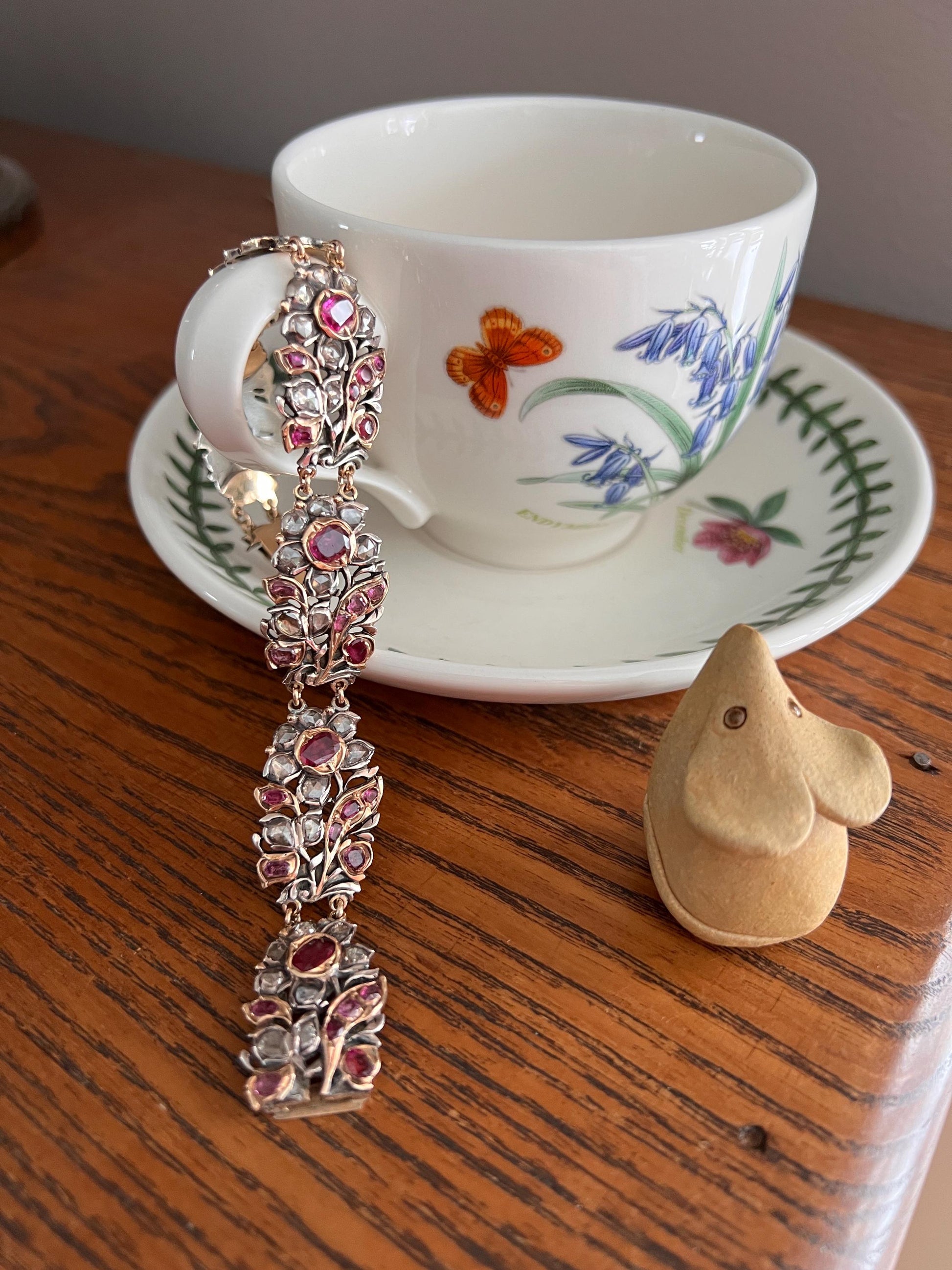 RARE Floral GIARDINETTI Antique Bracelet Flat Cut Ruby Pink Sapphire Rose Cut DIAMOND Figural Link Bracelet Special Georgian 14k Gold Silver