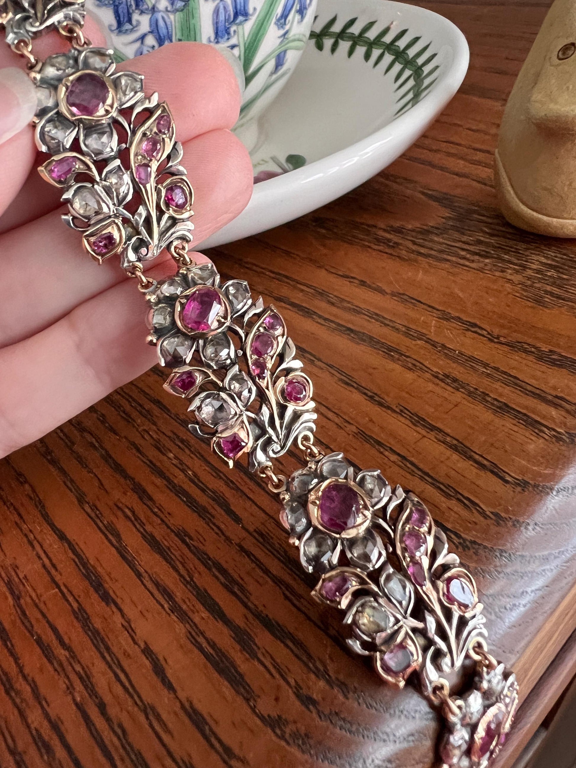 RARE Floral GIARDINETTI Antique Bracelet Flat Cut Ruby Pink Sapphire Rose Cut DIAMOND Figural Link Bracelet Special Georgian 14k Gold Silver