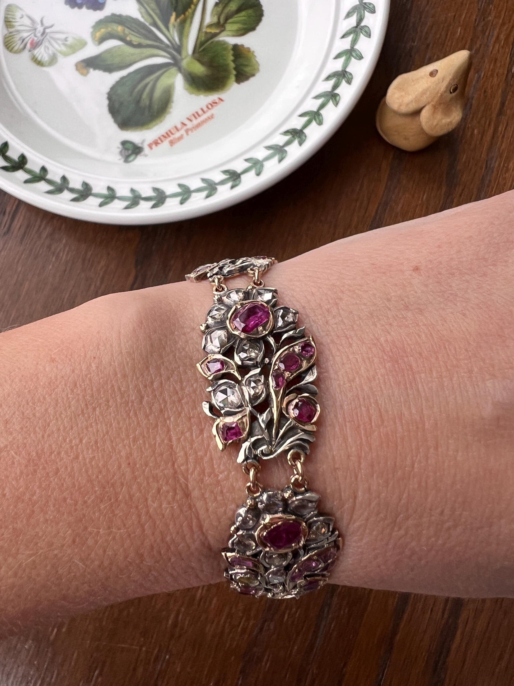 RARE Floral GIARDINETTI Antique Bracelet Flat Cut Ruby Pink Sapphire Rose Cut DIAMOND Figural Link Bracelet Special Georgian 14k Gold Silver