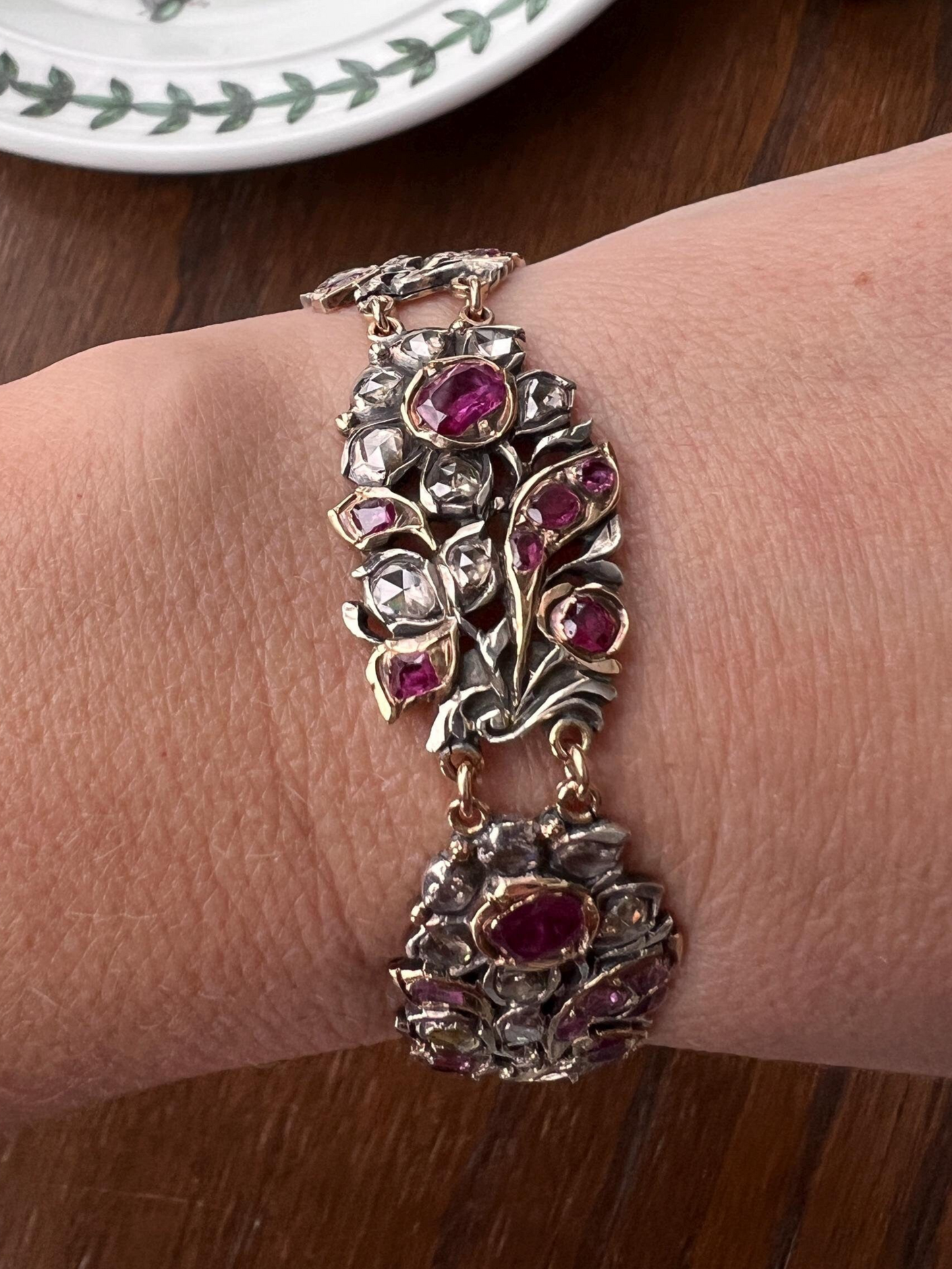 RARE Floral GIARDINETTI Antique Bracelet Flat Cut Ruby Pink Sapphire Rose Cut DIAMOND Figural Link Bracelet Georgian 14k Gold Silver