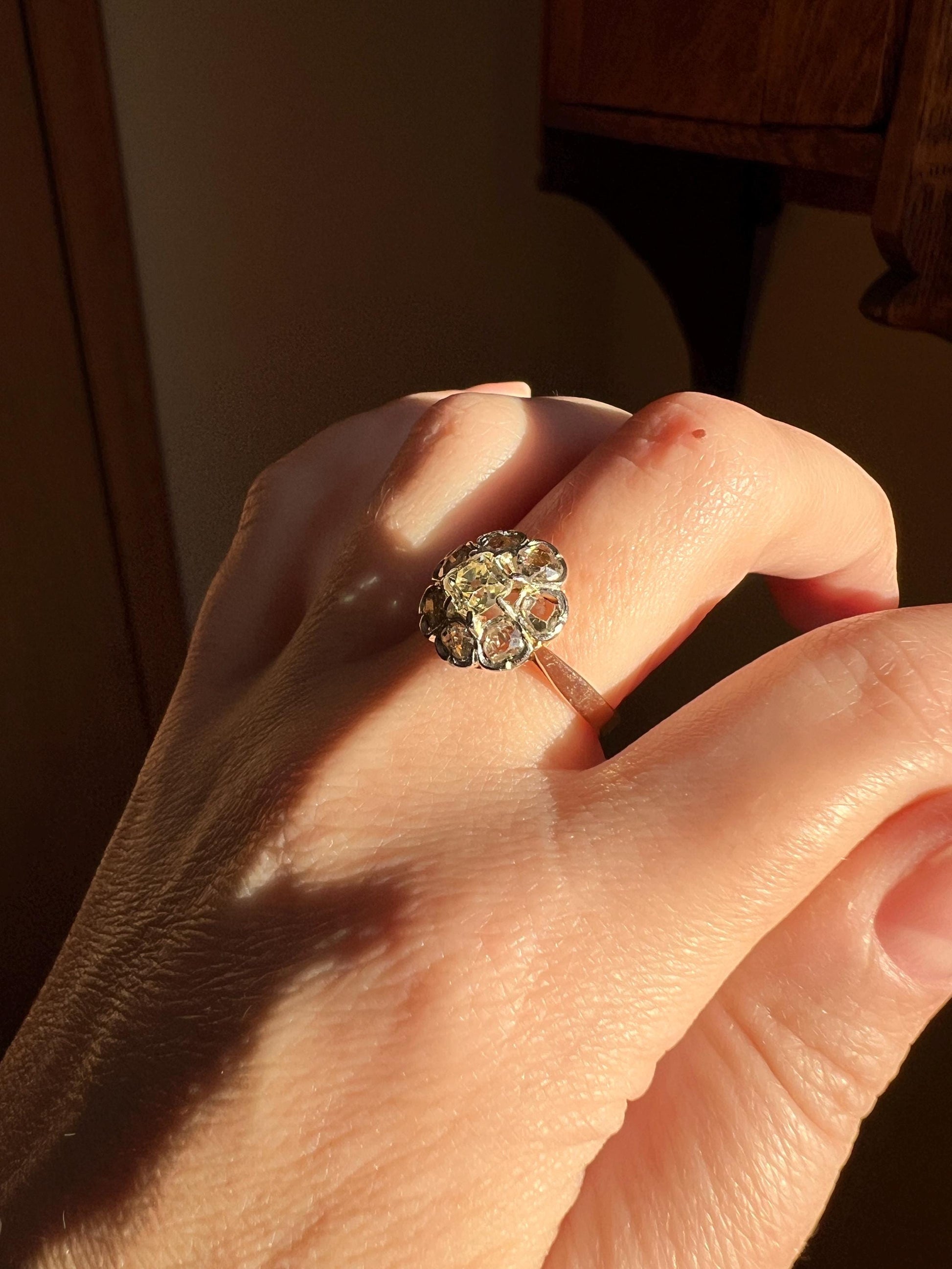 Antique Pale Yellow Center 1.75 Carat Rose Table Old Mine Cut DIAMOND Halo Cluster Ring 18k Gold Dainty Romantic Gift Daisy Stacker OMC