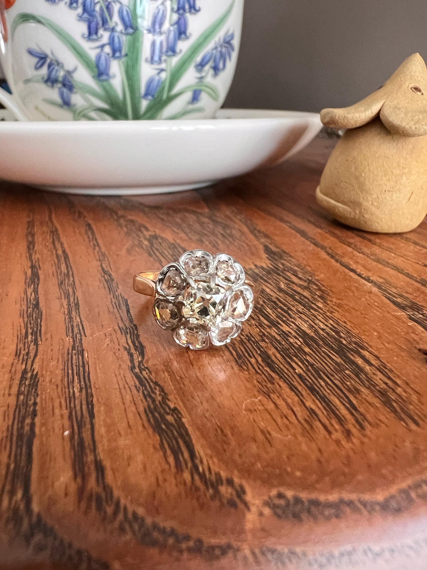 Antique Pale Yellow Center 1.75 Carat Rose Table Old Mine Cut DIAMOND Halo Cluster Ring 18k Gold Dainty Romantic Gift Daisy Stacker OMC