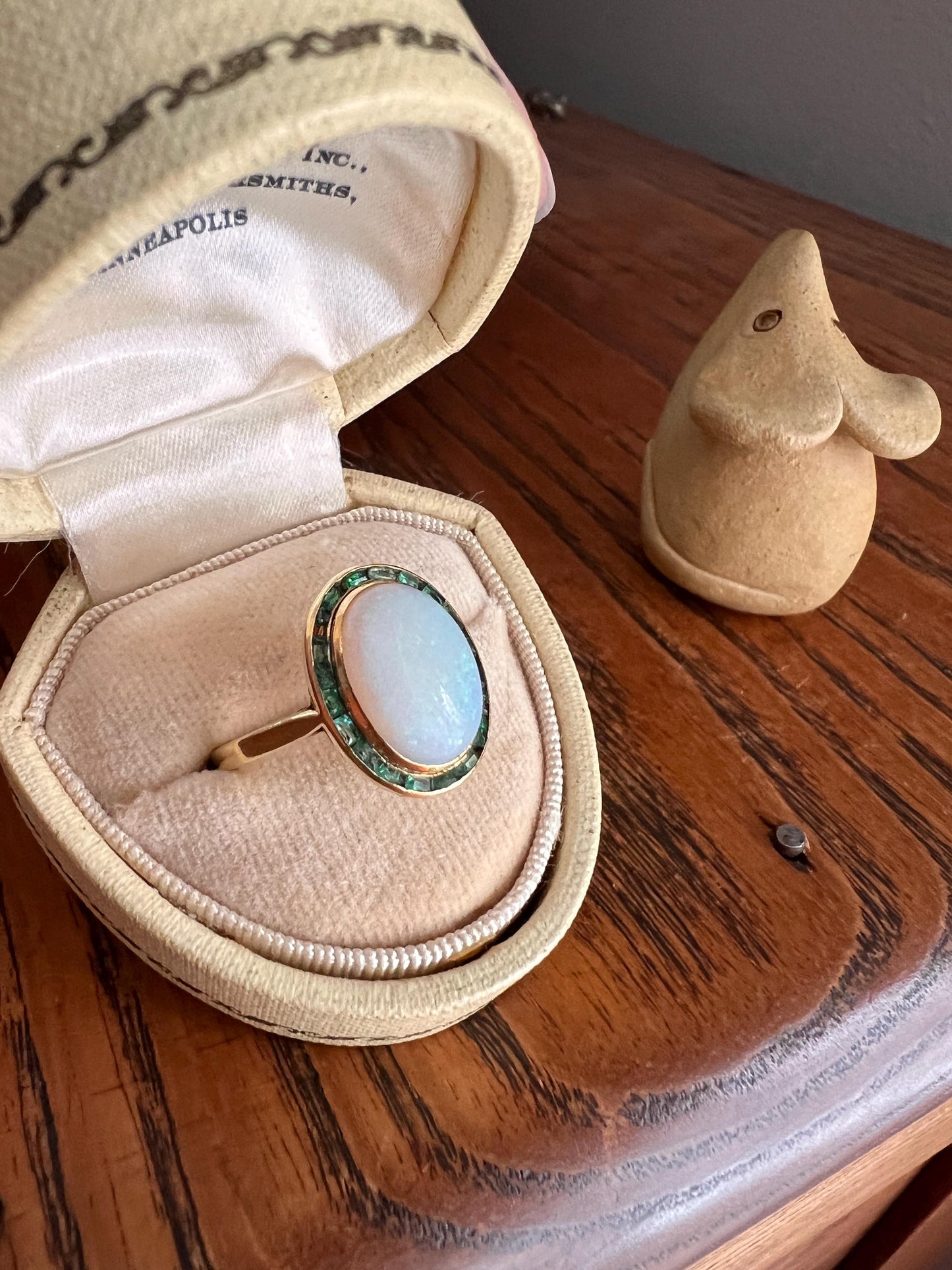 BLUE Opal Carre Cut EMERALD HALO Ring Antique 18k Gold Oval Geometric Bullseye Target Channel Set Green Romantic Gift Victorian Belle Epoque