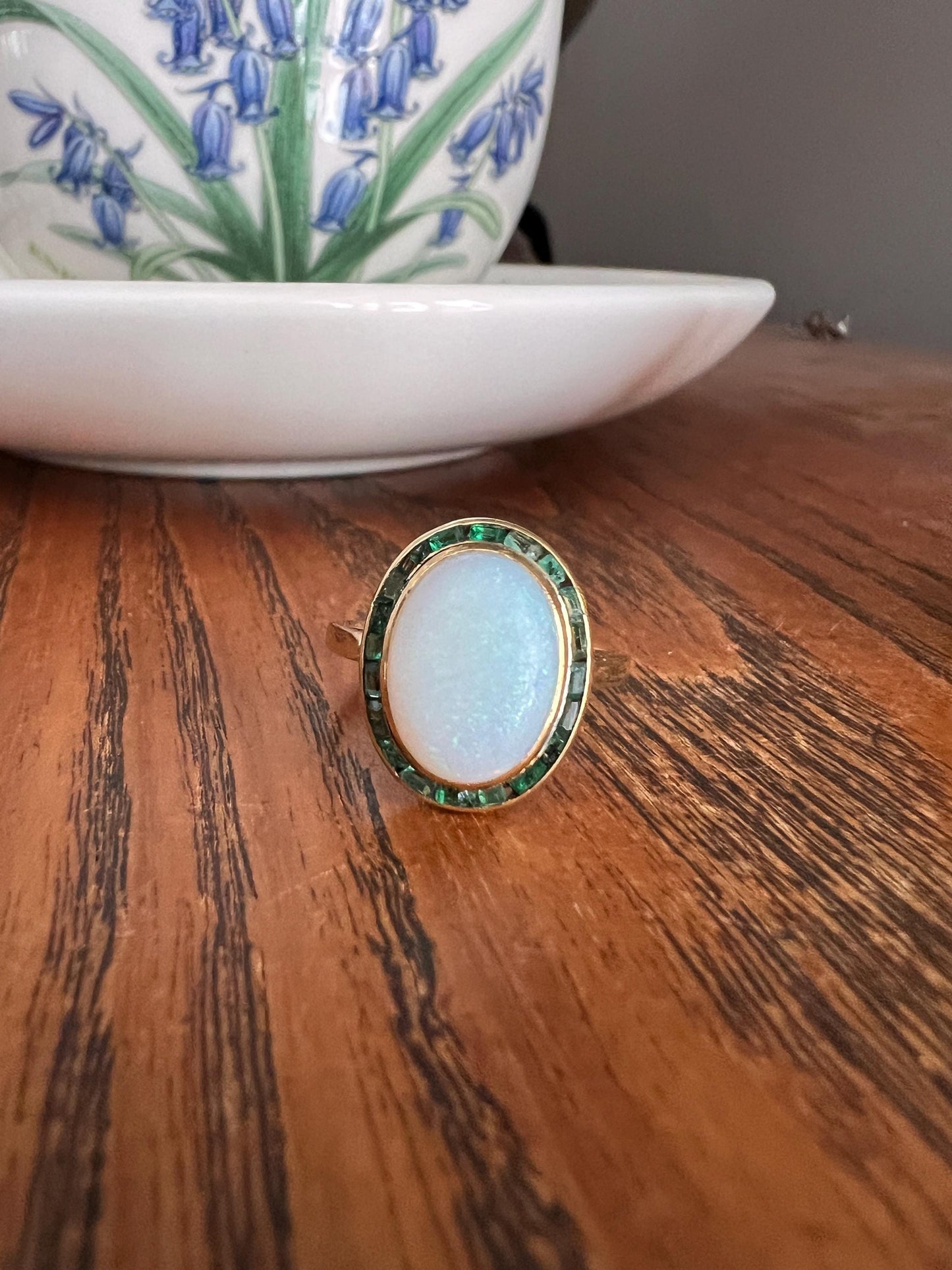 BLUE Opal Carre Cut EMERALD HALO Ring Antique 18k Gold Oval Geometric Bullseye Target Channel Set Green Romantic Gift Victorian Belle Epoque