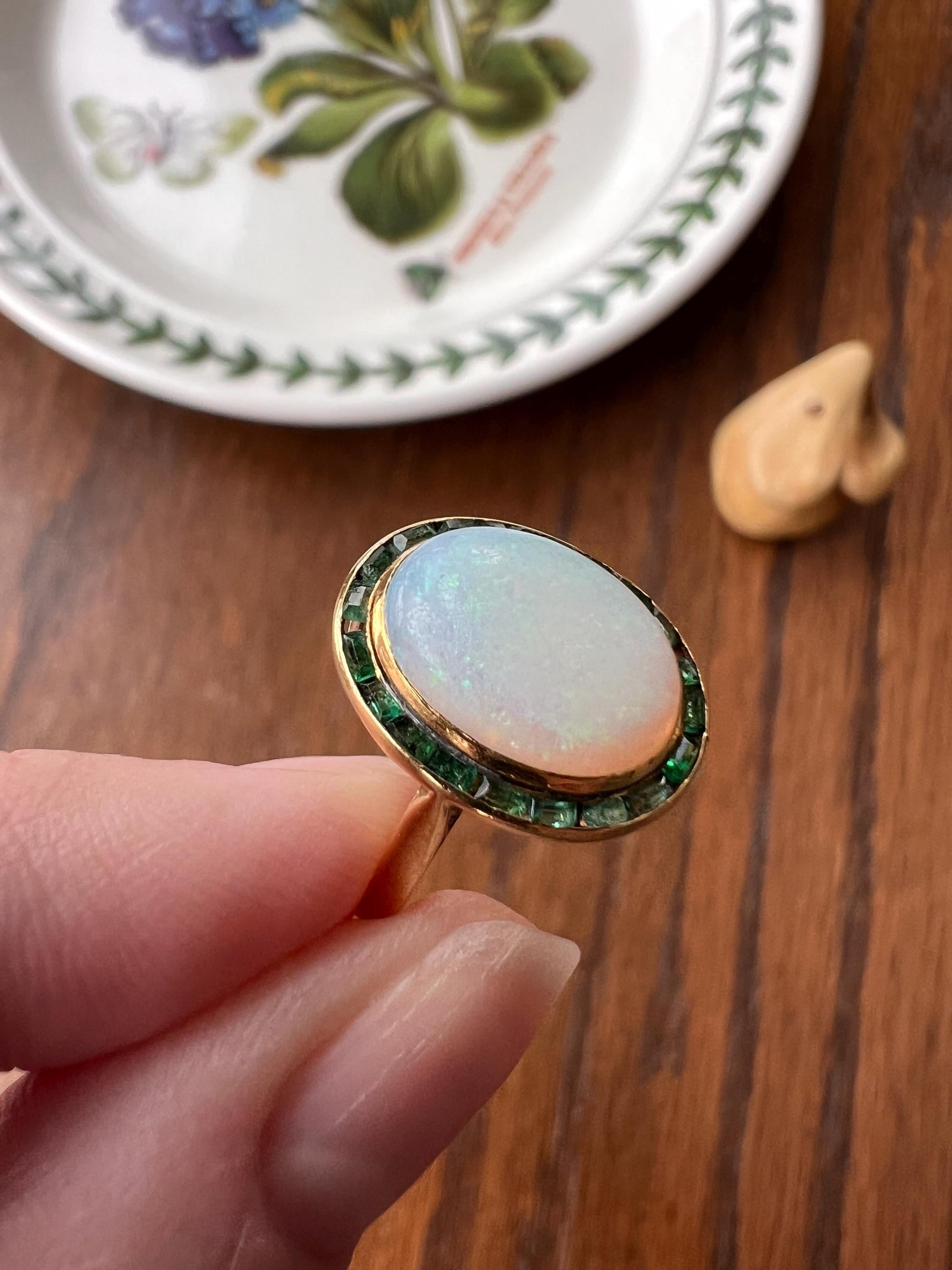 BLUE Opal Carre Cut EMERALD HALO Ring Antique 18k Gold Oval Geometric Bullseye Target Channel Set Green Romantic Gift Victorian Belle Epoque