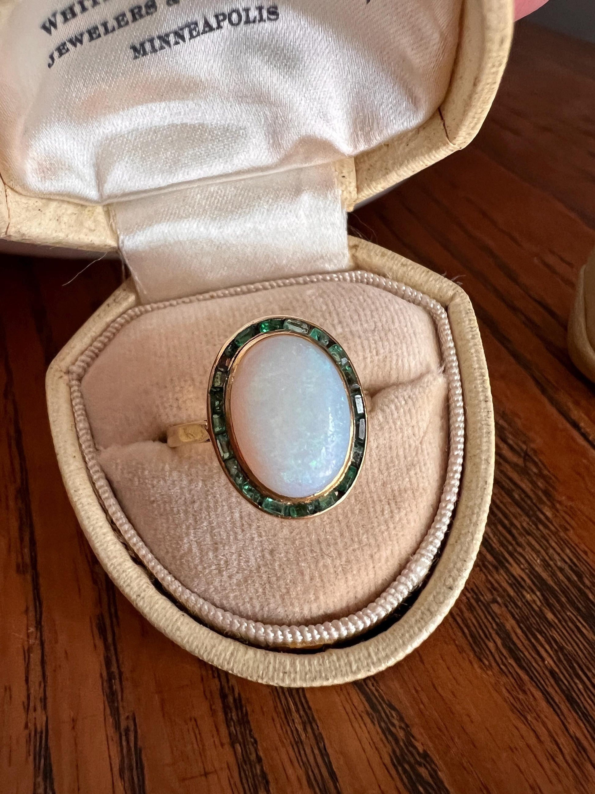 BLUE Opal Carre Cut EMERALD HALO Ring Antique 18k Gold Oval Geometric Bullseye Target Channel Set Green Romantic Gift Victorian Belle Epoque