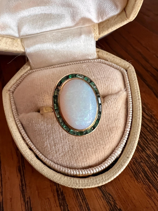 BLUE Opal Carre Cut EMERALD HALO Ring Antique 18k Gold Oval Geometric Bullseye Target Green Victorian