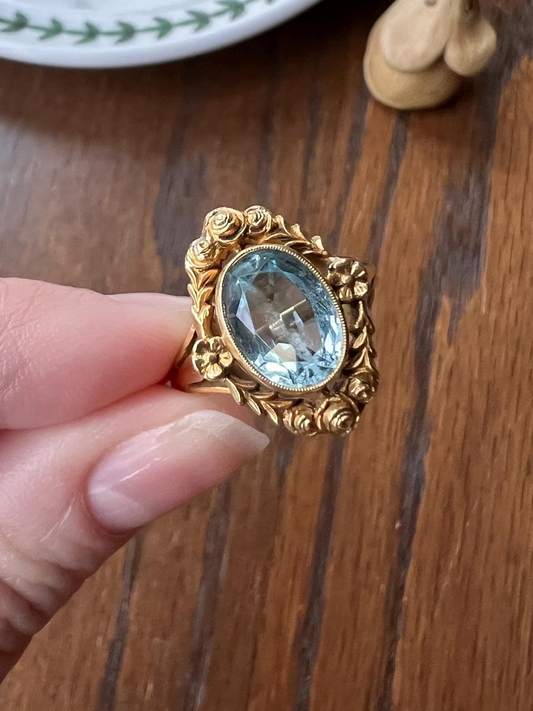 FLORAL Garland ROSES Forget Me Not French Antique AQUAMARINE Halo Ring 18k Gold Belle Epoque Figural