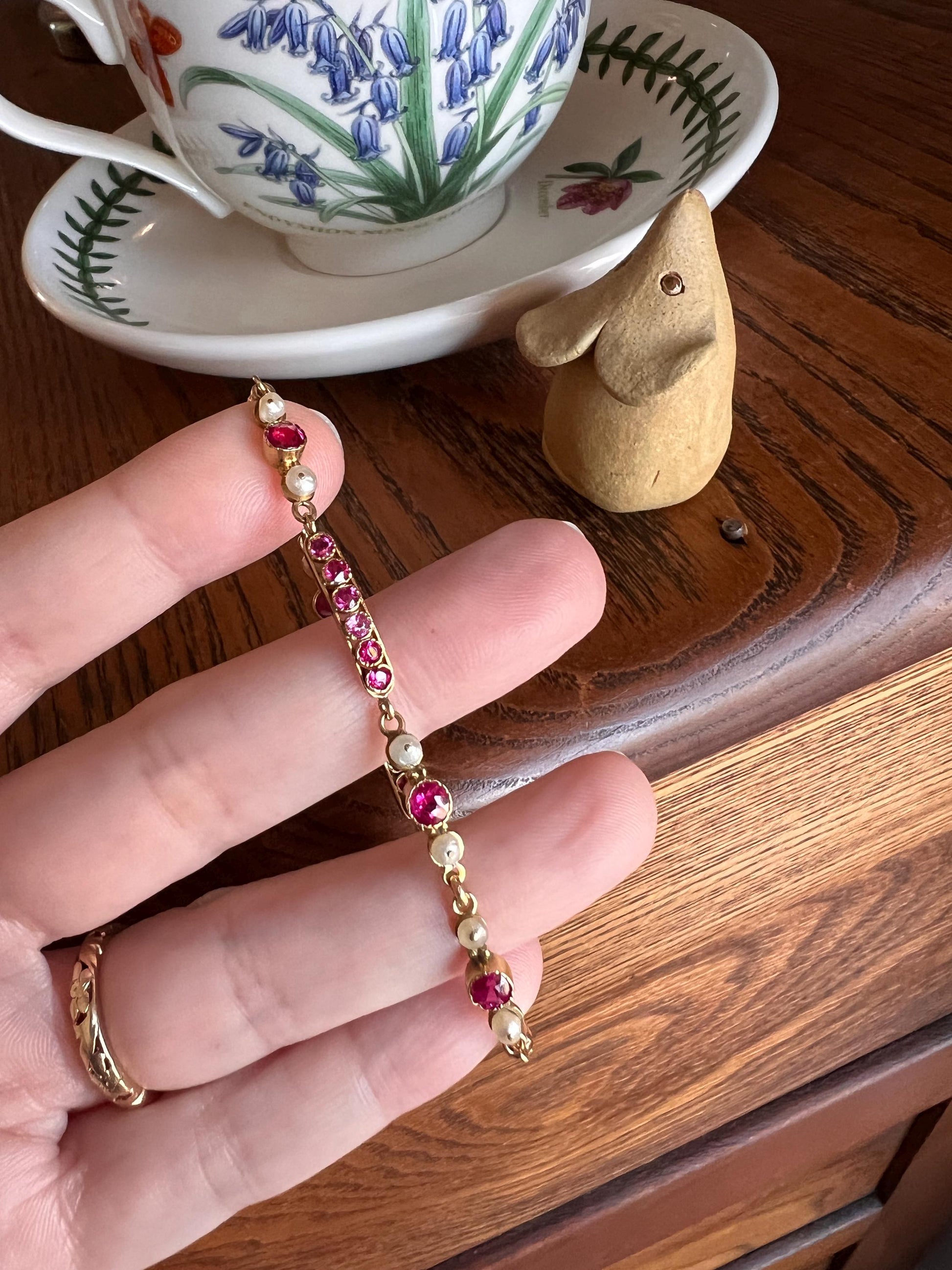 French Antique 6" RUBY Pearl Linear Panel Chain Link Bracelet 18k GOLD ViCTORIAN Belle Epoque Wriststack Gift Art Nouveau Red Pink Dainty