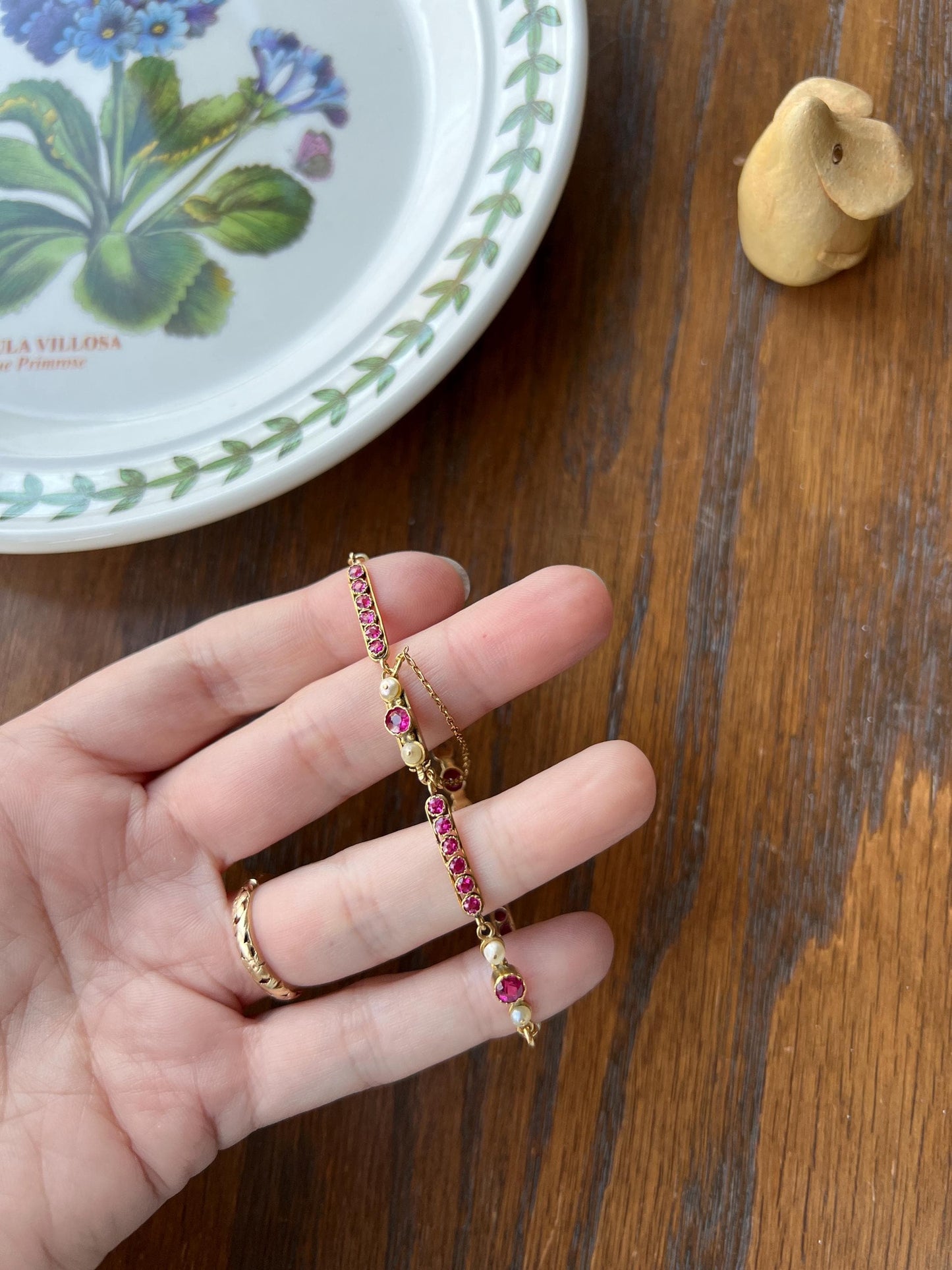 French Antique 6" RUBY Pearl Linear Panel Chain Link Bracelet 18k GOLD ViCTORIAN Belle Epoque Wriststack Gift Art Nouveau Red Pink Dainty