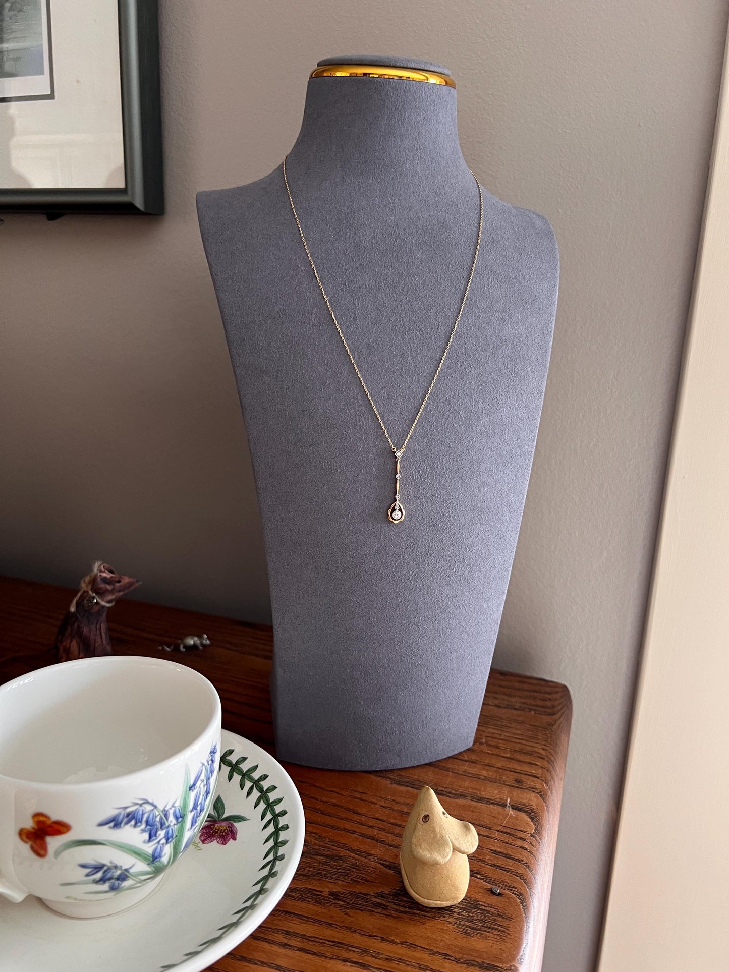 Belle Epoque Old European Mine Cut DIAMOND Dangle Necklace on 18k Gold Chain Antique Edwardian Teardrop Lavalier Dainty Romantic Gift OmC