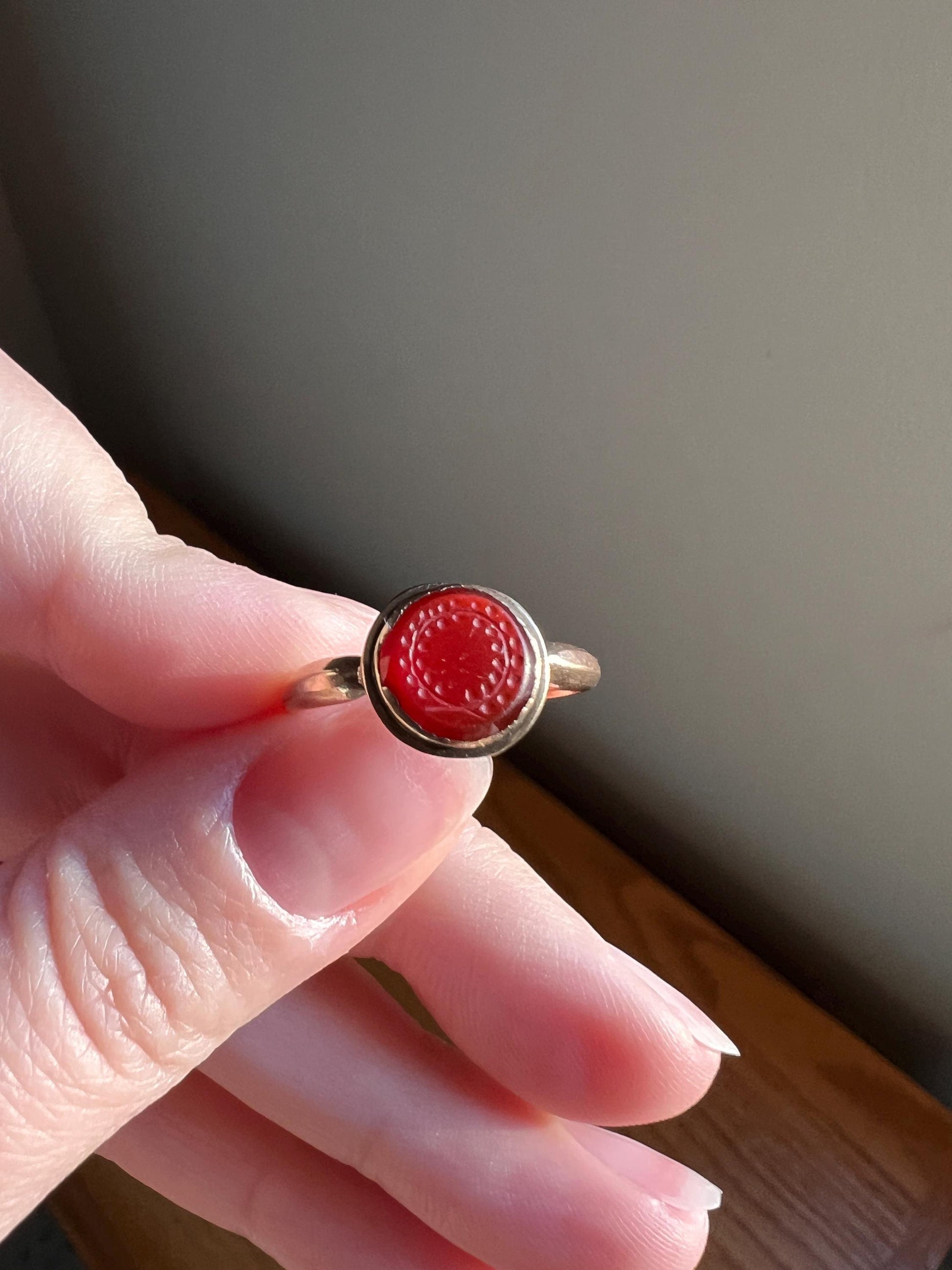 WREATH Laurel Garland Carnelian Intaglio Wax Seal Signet Ring 18k Gold French Antique Victorian Figural Engraved Christmas Holiday Gift