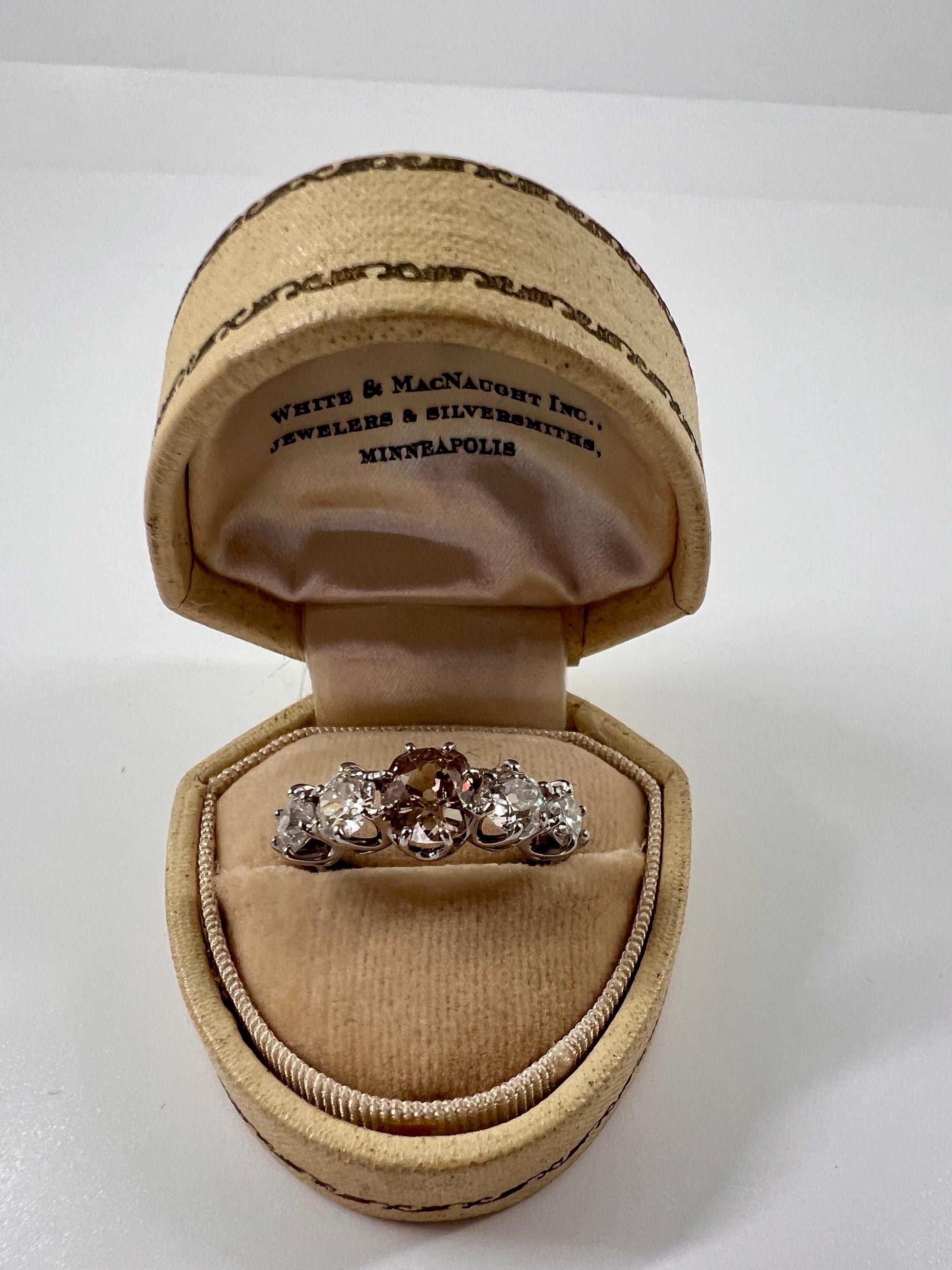 Fancy BROWN Antique Three Carat Old MINE Cut Cognac & White Transitional Diamond Five Stone Vintage Ring 18k White Gold Gift Stacker 3ct OmC