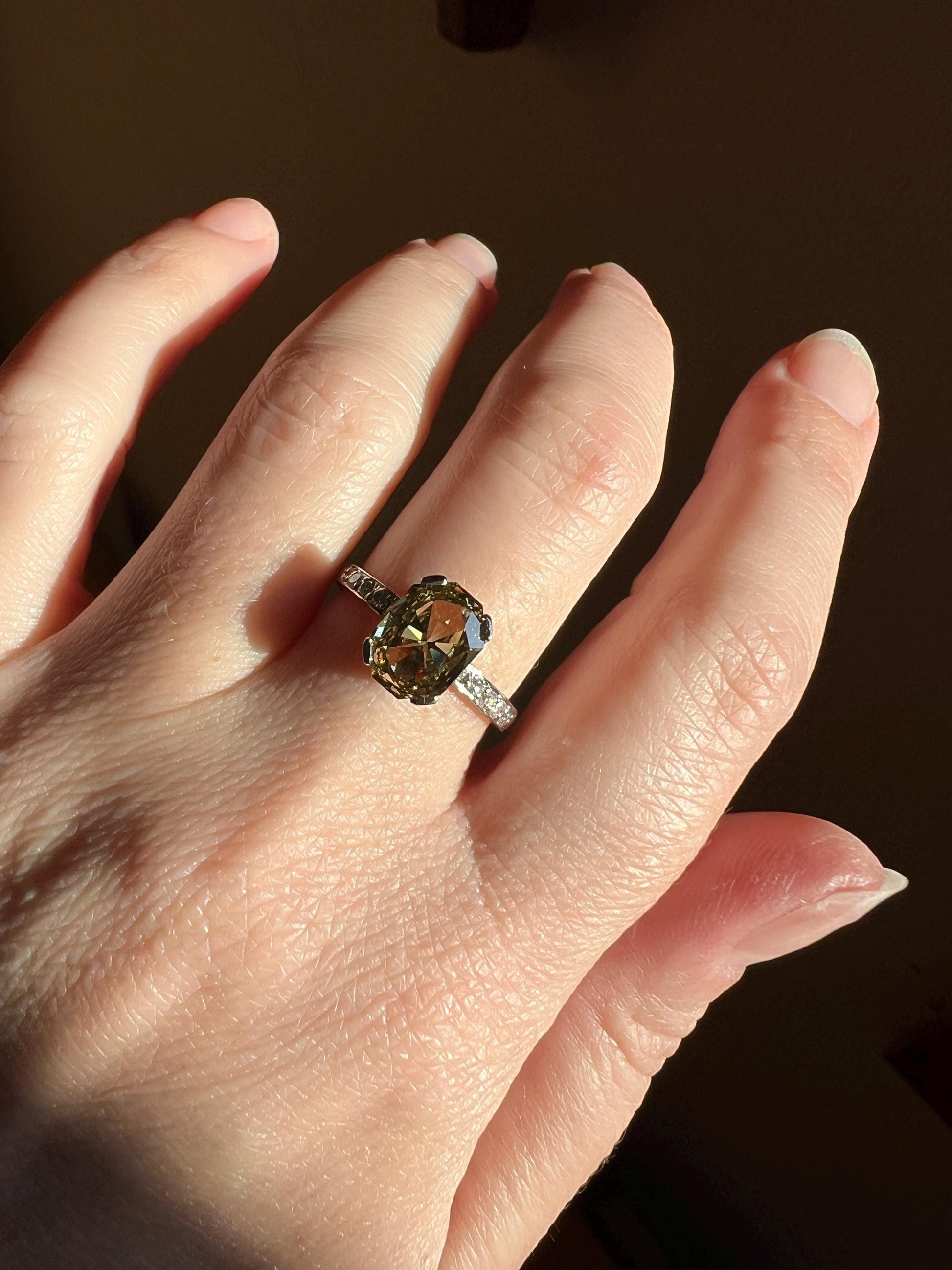 Fancy BROWN Yellow Eye Clean Elongated Octagon Brilliant Cut DIAMOND Ring 2.5 Carat Tdw Platinum Hidden Halo Engagement Solitaire Gift Rare