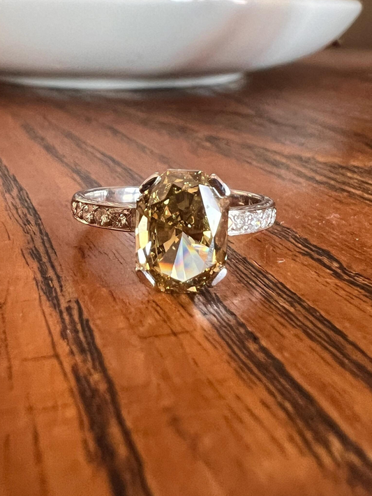 Fancy BROWN Yellow Eye Clean Elongated Octagon Brilliant Cut DIAMOND Ring 2.5 Carat Tdw Platinum Hidden Halo Engagement Solitaire