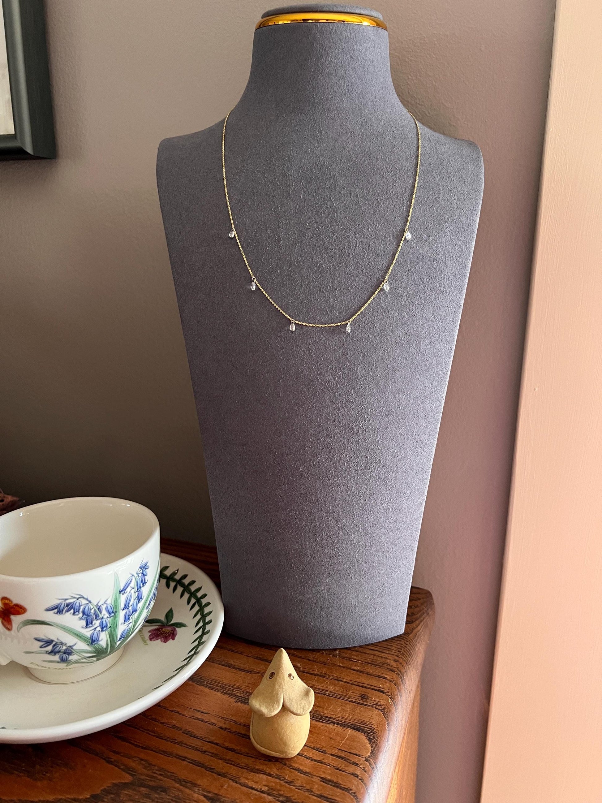 Vintage 1.2 Carat BRIOLLETTE Diamonds Multi Drop Necklace 14k Gold Chain Faceted Teardrops Dangle Pendants 3D Rose Cuts Dainty Romantic Gift