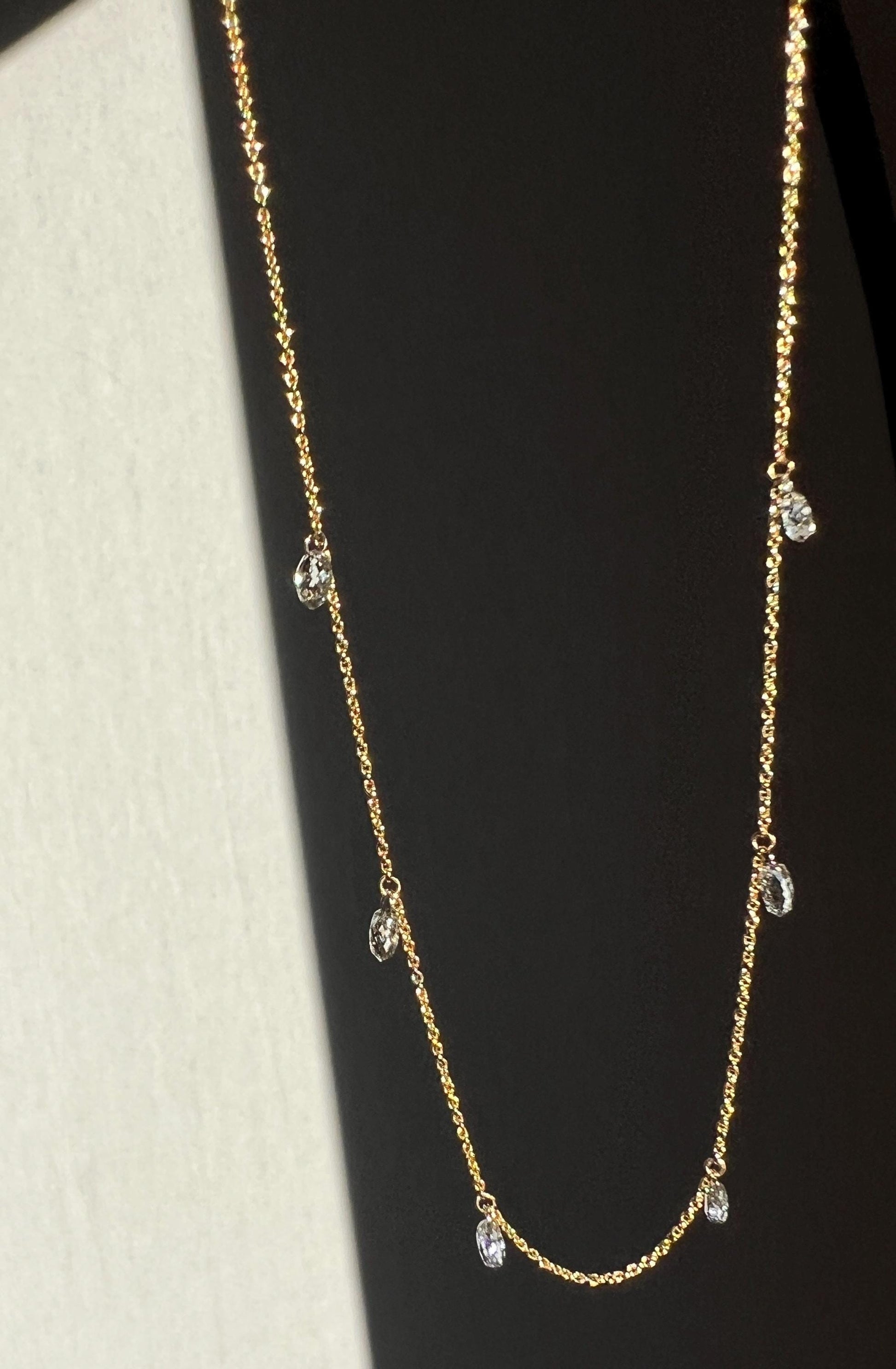 Vintage 1.2 Carat BRIOLLETTE Diamonds Multi Drop Necklace 14k Gold Chain Faceted Teardrops Dangle Pendants 3D Rose Cuts Dainty Romantic Gift