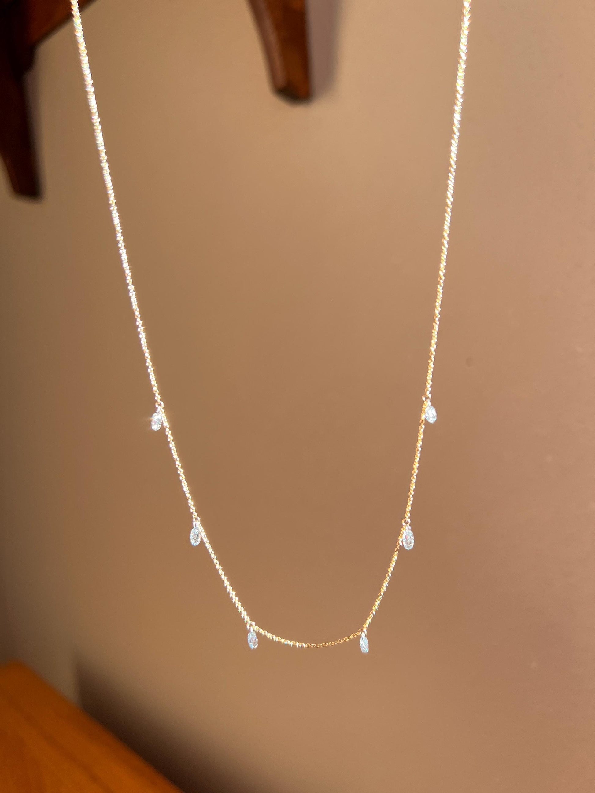 Vintage 1.2 Carat BRIOLLETTE Diamonds Multi Drop Necklace 14k Gold Chain Faceted Teardrops Dangle Pendants 3D Rose Cuts Dainty Romantic Gift