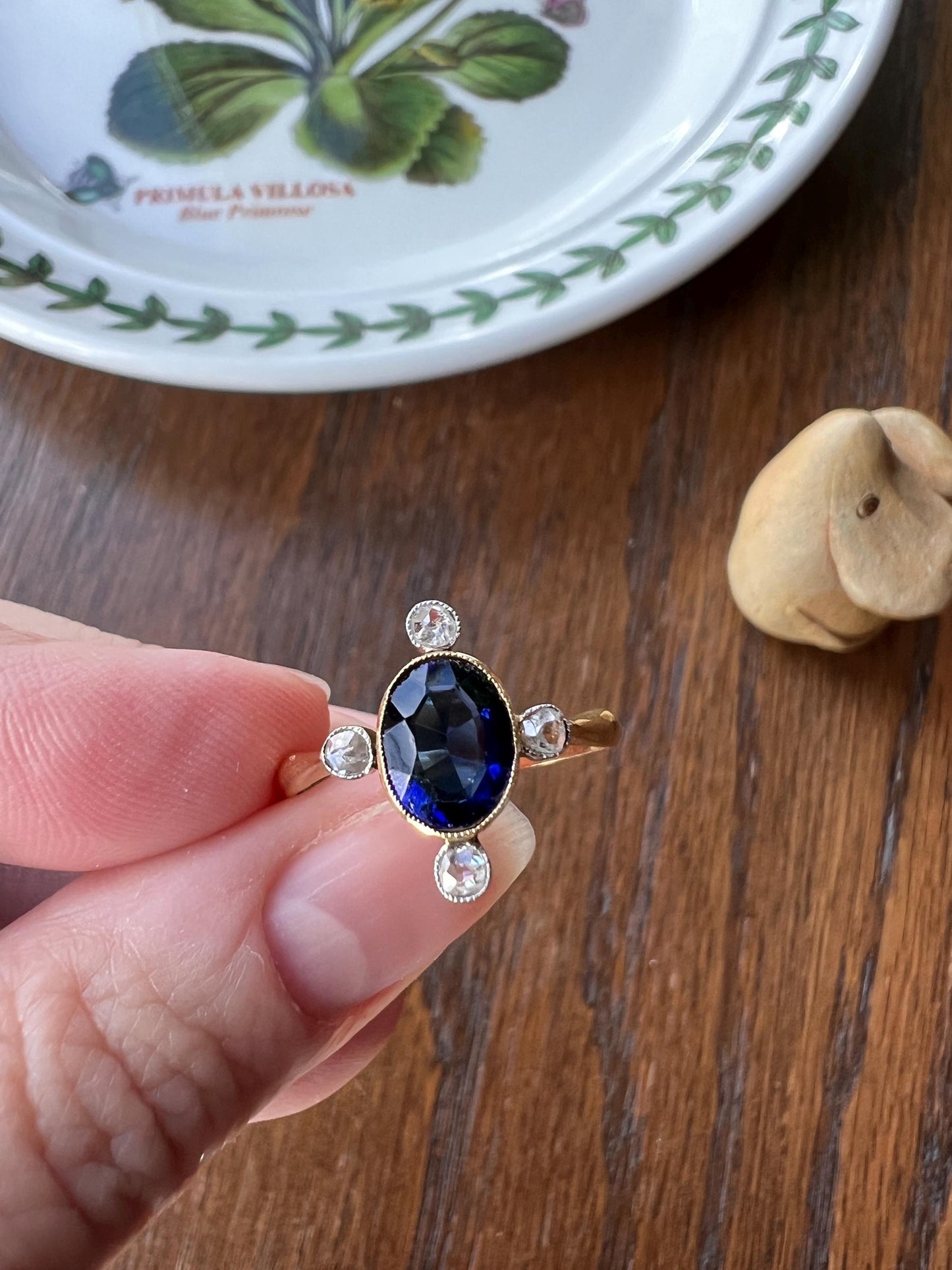 Cruciform Blue Paste Sapphire Rose Cut DIAMOND Antique Victorian Ring French 18k Gold Solid Stacker Romantic Gift Oval Five Stone Sparkle