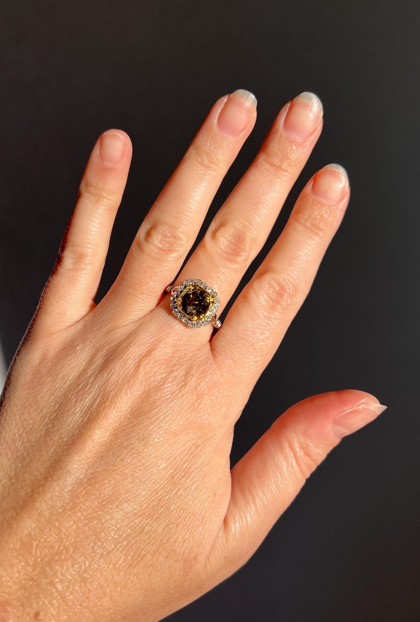 Edwardian 2.3 Carat Tdw Antique Fancy BROWN Yellow Old European Cut DIAMOND Halo Ring Platinum 18k Gold Ornate Stacker Scalloped Cognac OeC