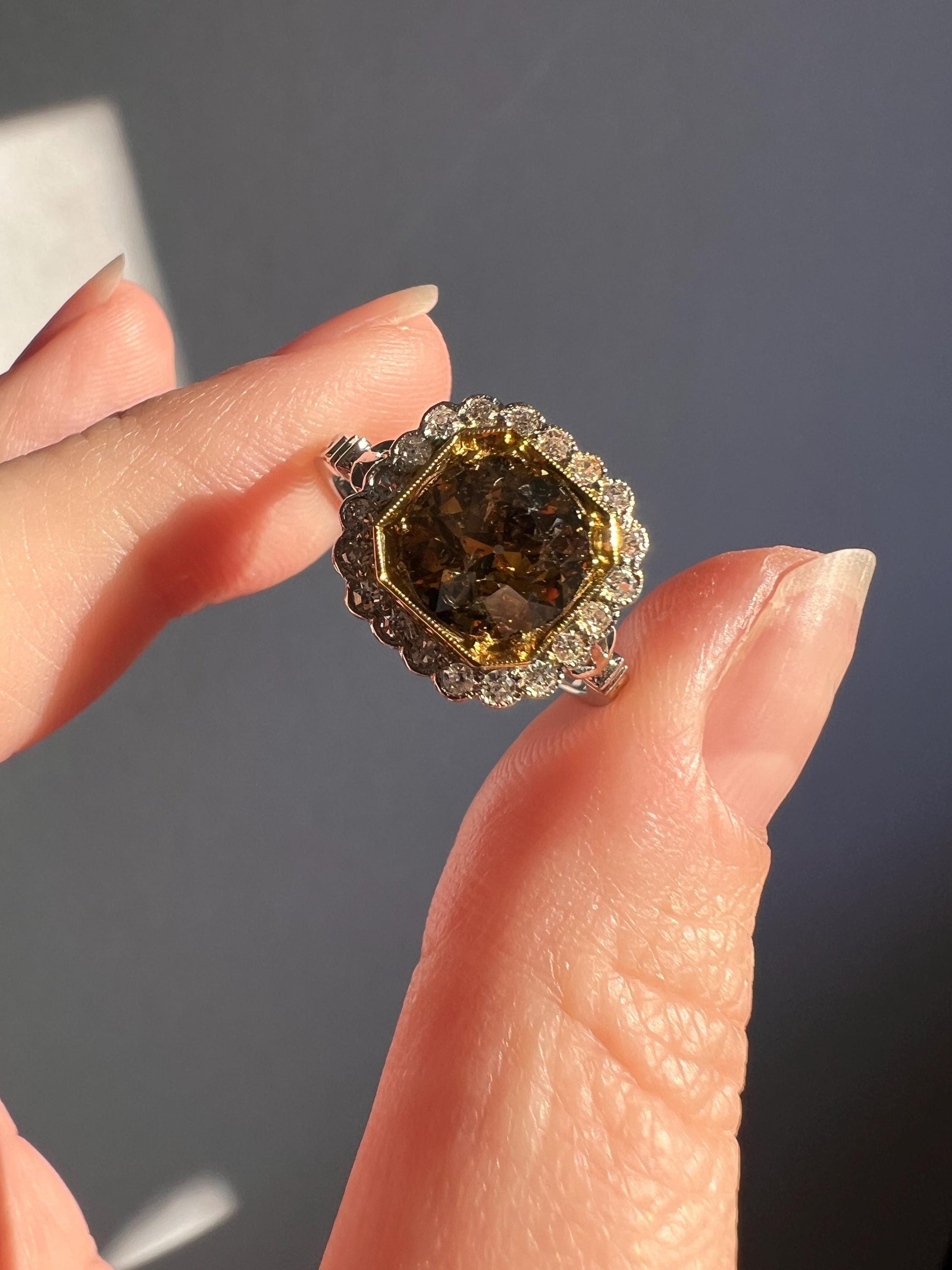 Edwardian 2.3 Carat Tdw Antique Fancy BROWN Yellow Old European Cut DIAMOND Halo Ring Platinum 18k Gold Ornate Stacker Scalloped Cognac OeC