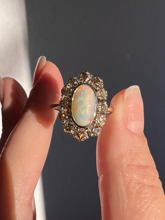 TALL OPAL 1.5 Carat Champagne Old Mine Cut DIAMOND Halo Vintage Ring Platinum 18k Gold Light Brown Antique OMC