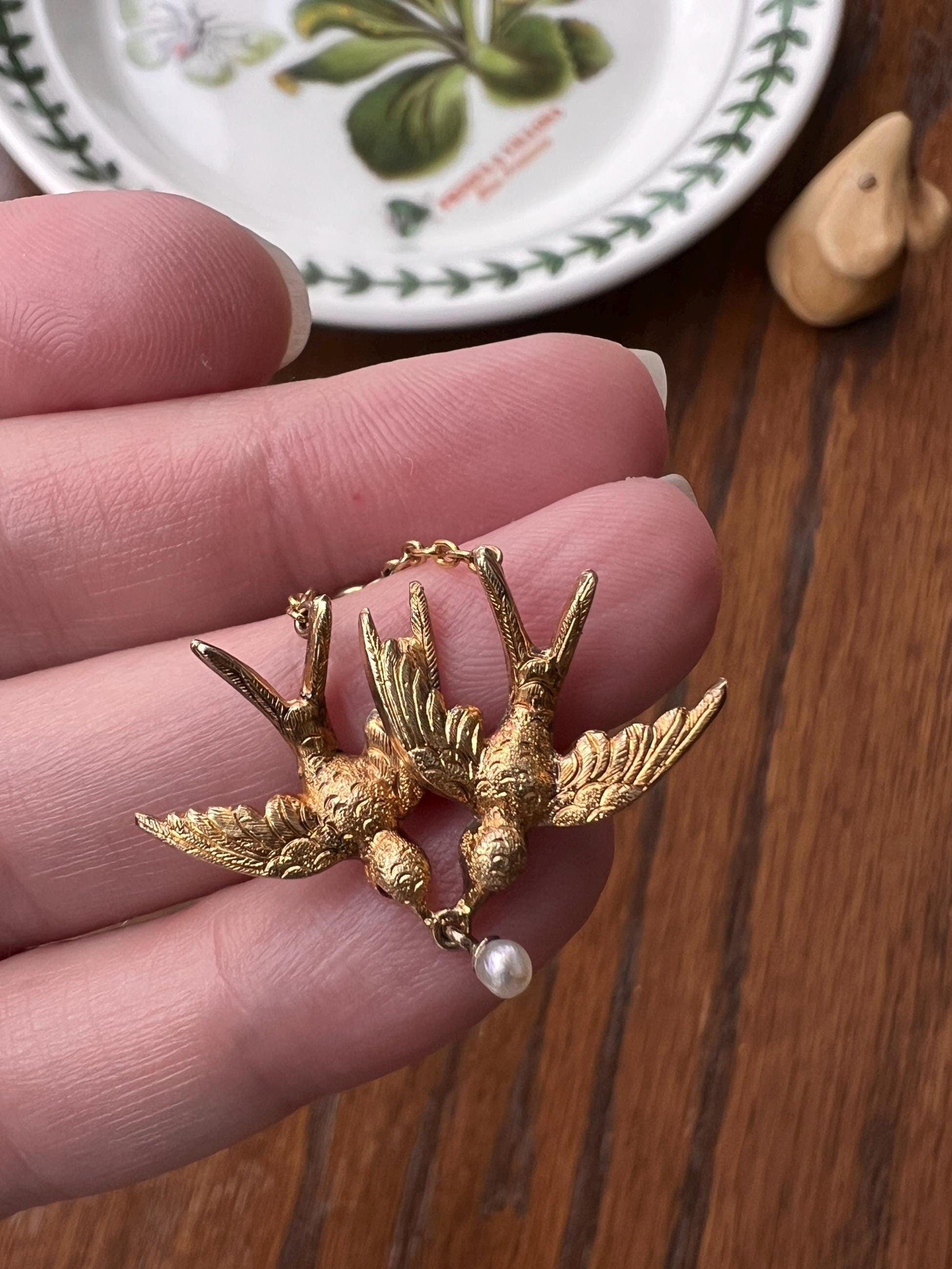 Two BIRD Swallows French Antique 18k Gold Victorian Art Nouveau Pendant Pearl Dangle Ruby Eyes Figural Animal Jewelry Romantic Gift Unique