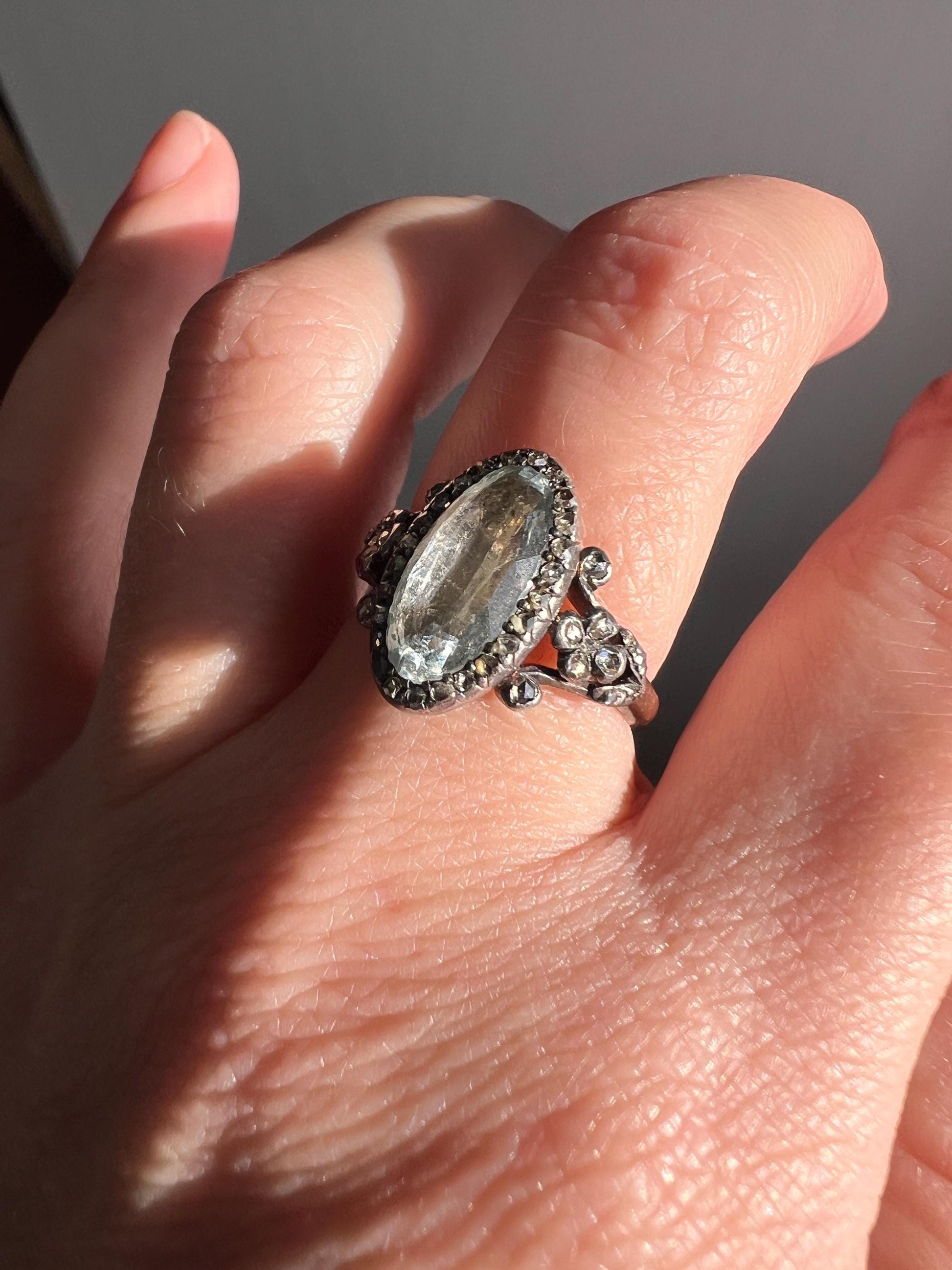 Rare VICTORIAN Foiled AQUAMARINE Rose Cut DIAMOND Halo Floral Ring 18k Gold Silver Pale Blue French Antique Stacker Romantic Gift Ring Butt