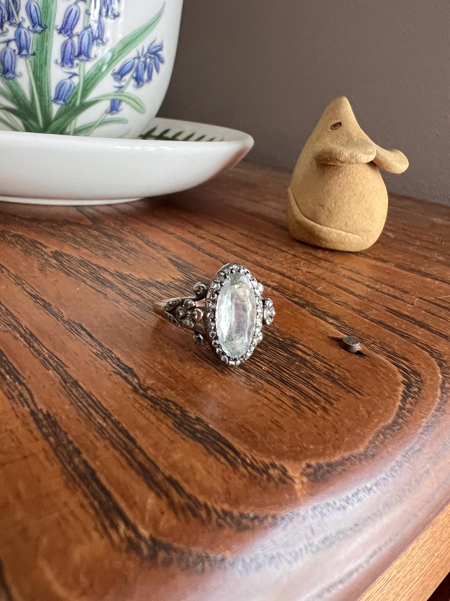 Rare VICTORIAN Foiled AQUAMARINE Rose Cut DIAMOND Halo Floral Ring 18k Gold Silver Pale Blue French Antique Stacker Romantic Gift Ring Butt