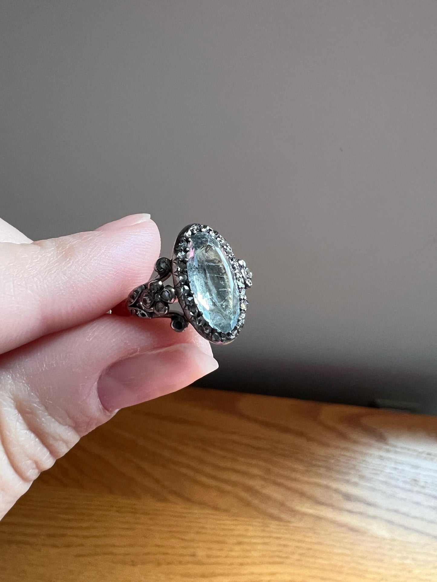 Rare VICTORIAN Foiled AQUAMARINE Rose Cut DIAMOND Halo Floral Ring 18k Gold Silver Pale Blue French Antique Stacker Romantic Gift Ring Butt