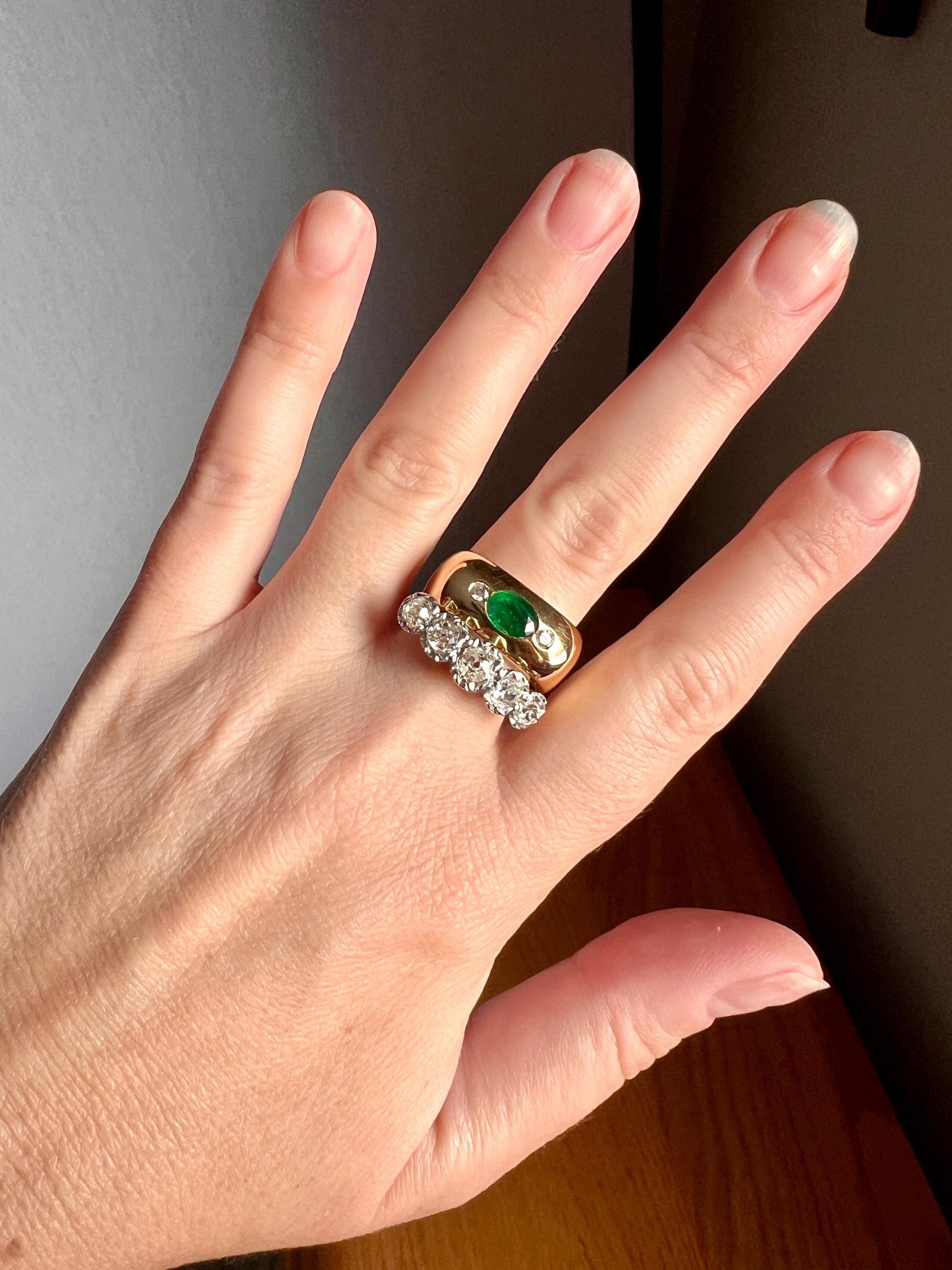 HEAVY Green EMERALD Diamond Vintage Three Stone Gypsy Ring French 18k Gold Chunky Wide Square Band Natural Geometric Stacker Unisex Geometry